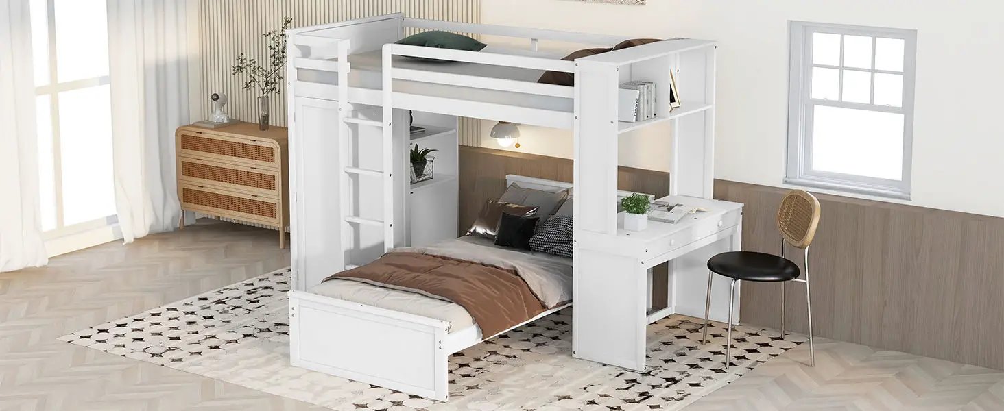 Loft Bed With A Stand Alone Bed, Shelves, Desk, And Wardrobe by HouseOfZazla