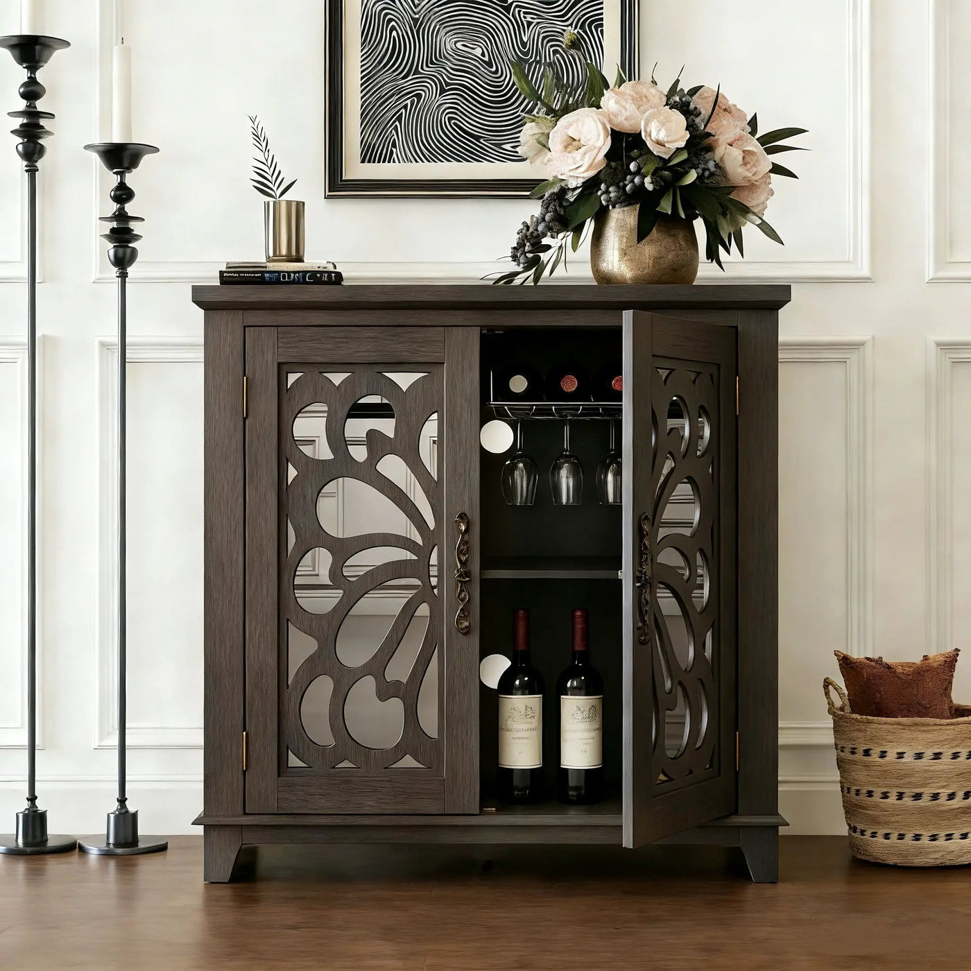 Elegant Sideboard With 2 Acrylic Mirrored Doors, Adjustable Shelf Storage by HouseOfZazla
