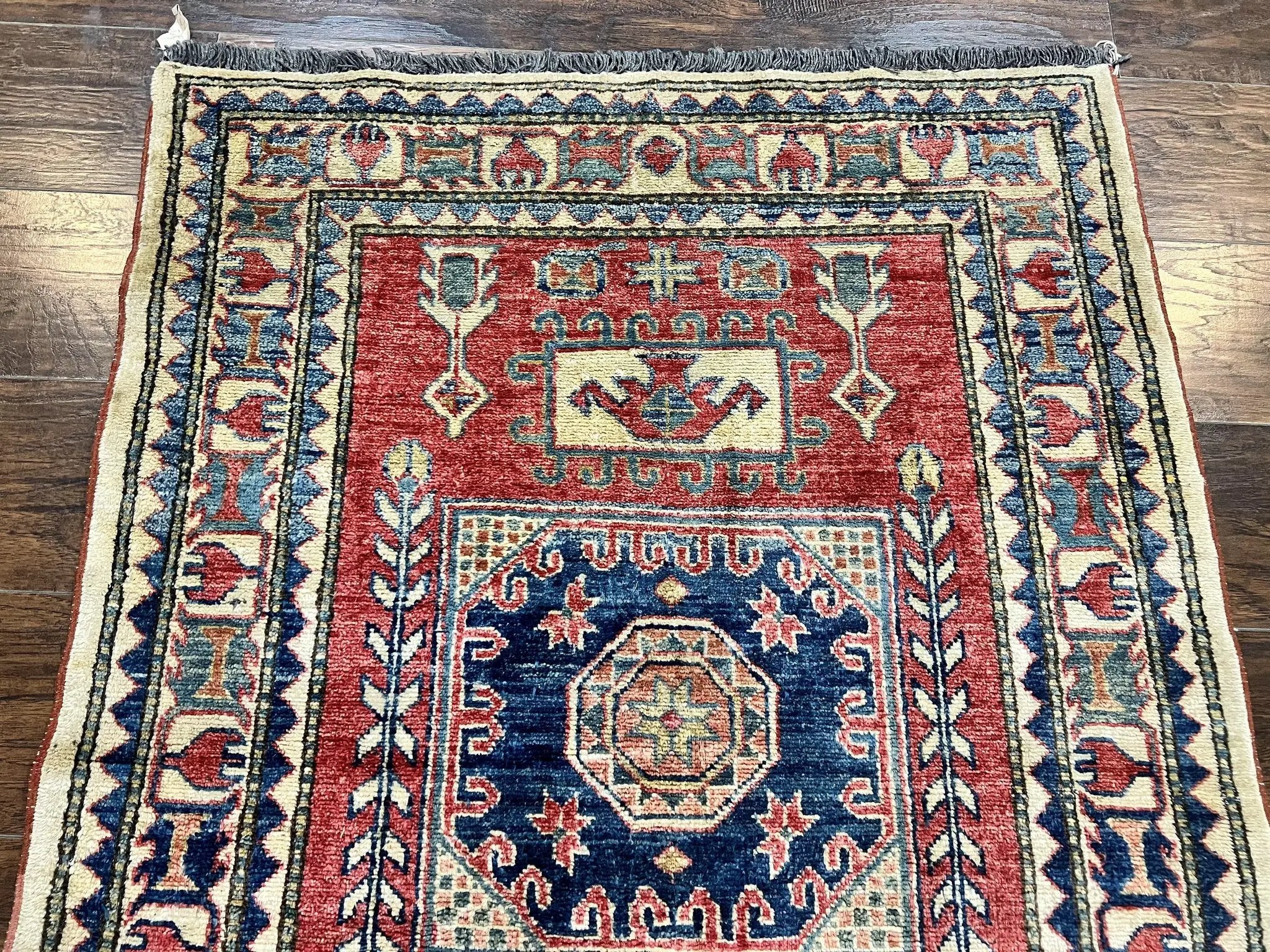 Turkish Kazak Rug 3x4, Wool Hand Knotted Small Vintage Carpet, Red Navy Blue, 3 x 4 Oriental Rug, Geometric Design by Jewel Rugs