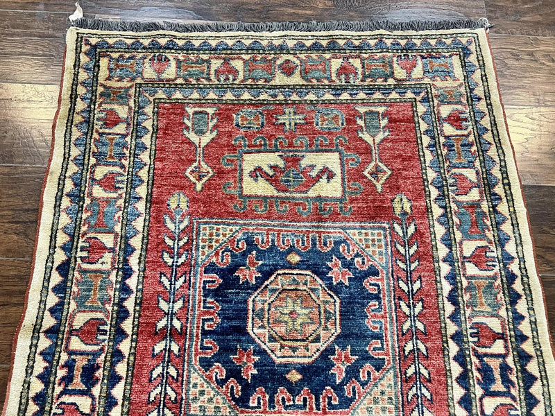 Turkish Kazak Rug 3x4, Wool Hand Knotted Small Vintage Carpet, Red Navy Blue, 3 x 4 Oriental Rug, Geometric Design by Jewel Rugs