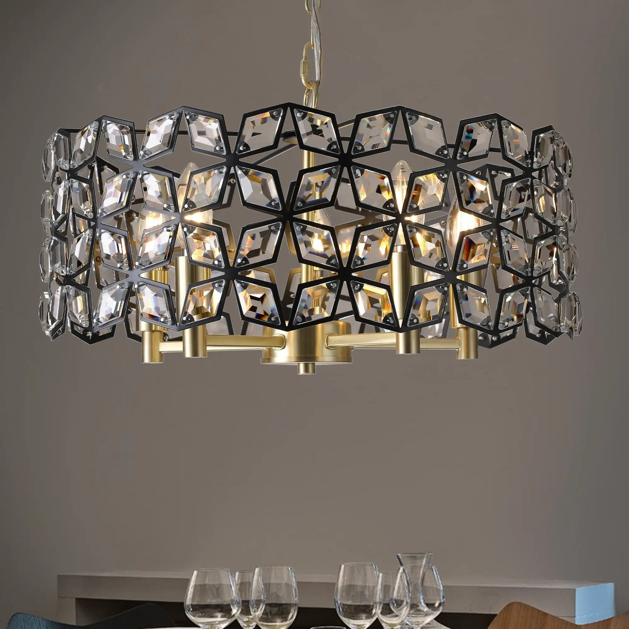 19" Geometric Crystal and Black Gold Round Pendant Chandelier by HouseOfZazla