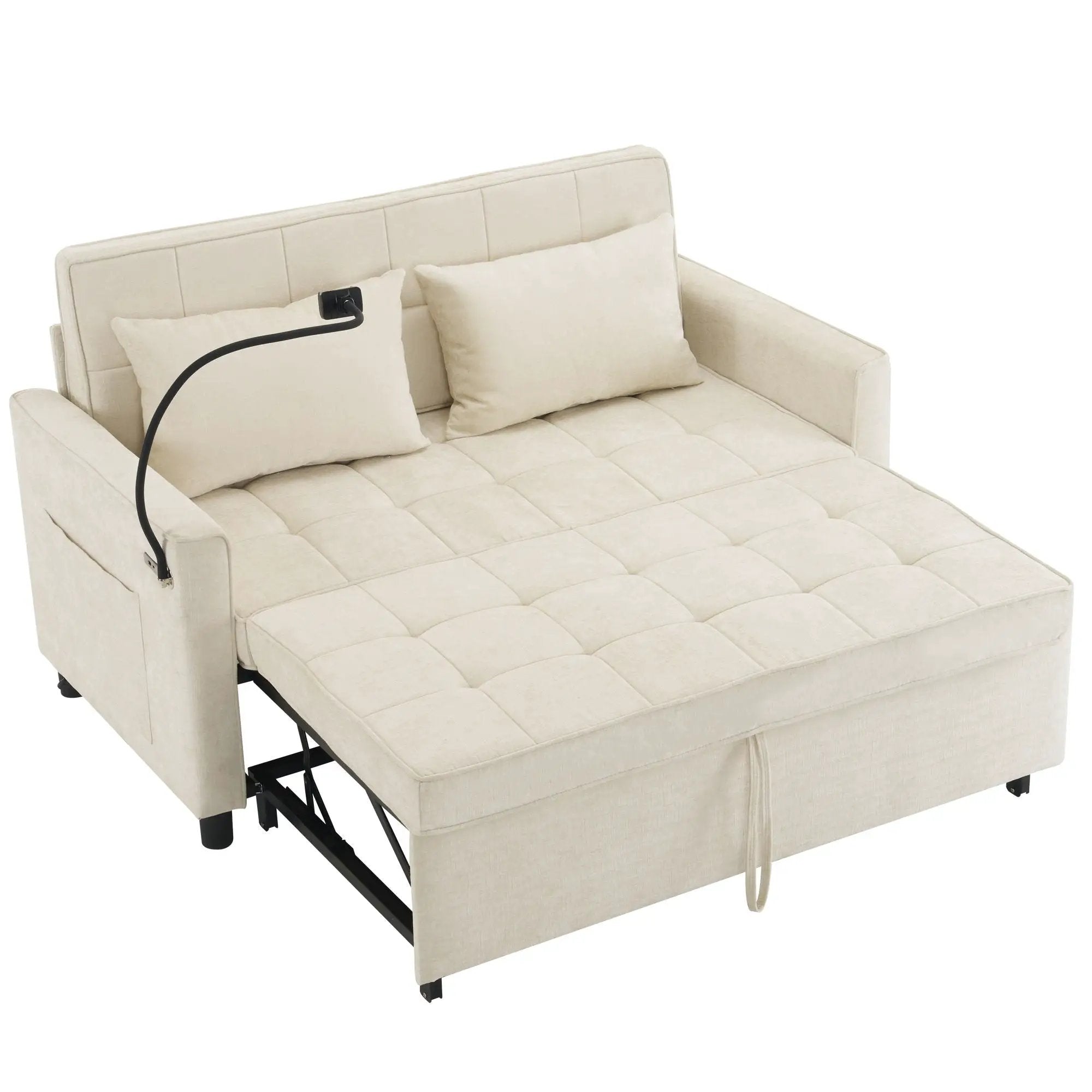 Pull-Out Sleeper Sofa With Reversible Backrest Cushion, Side Pockets, 2 USB Ports And A Phone Holder For Living Room by HouseOfZazla