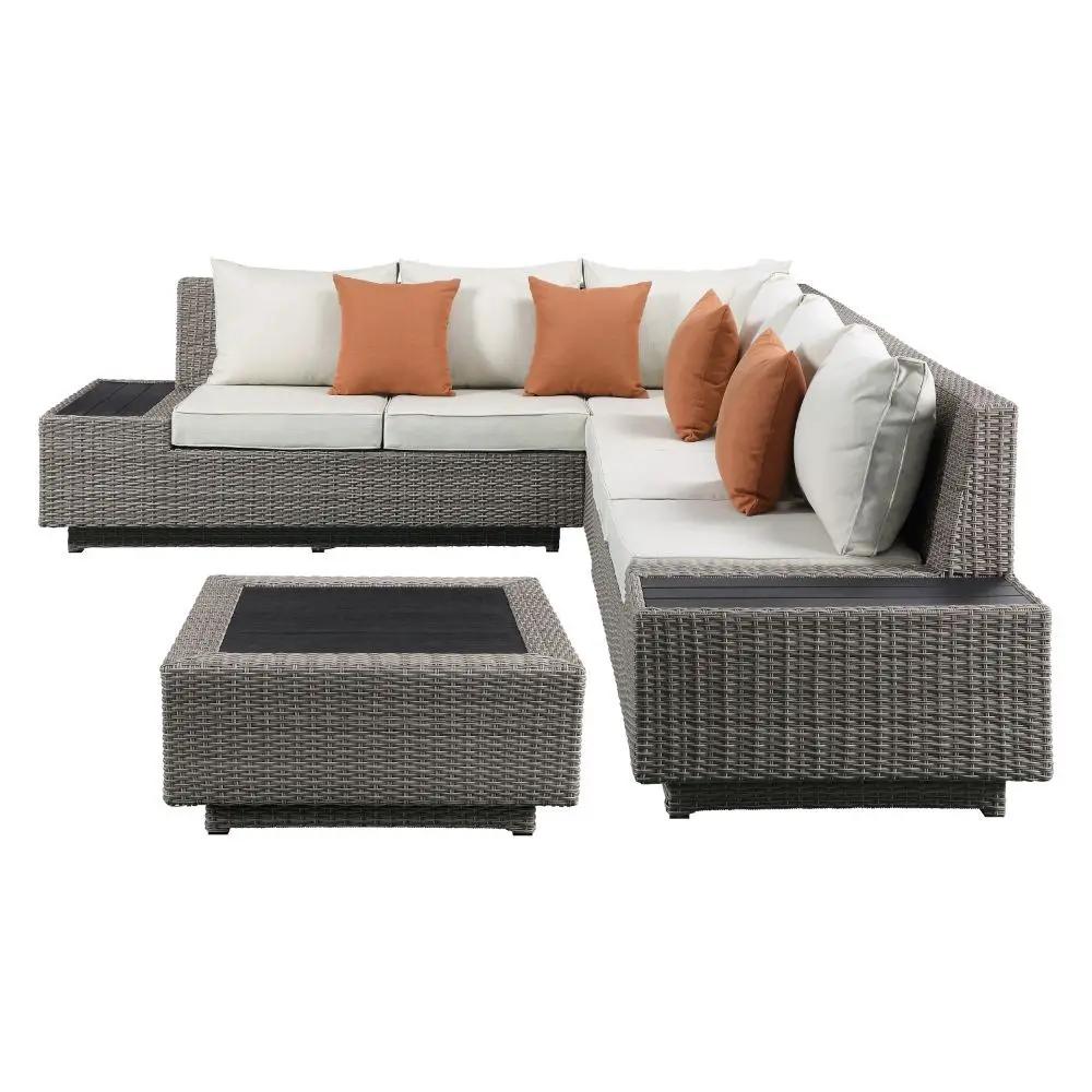Salena - Patio Sectional Sofa With 4 Pillows & Coffee Table - Beige Fabric & Gray Wicker by Unique Piece Furniture
