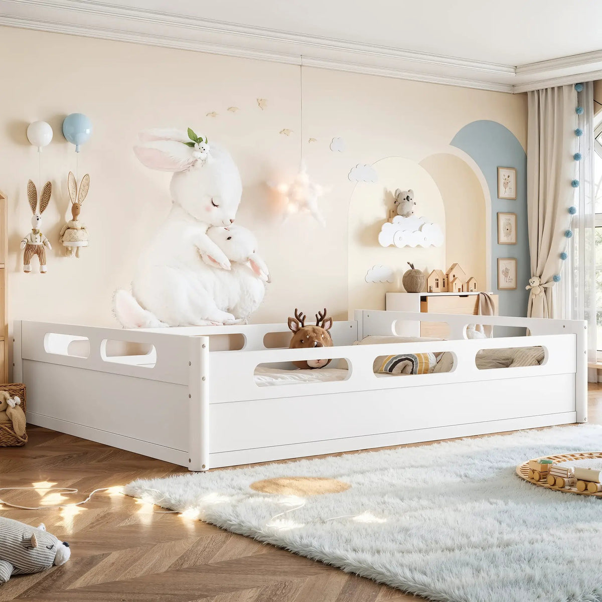 Queen Size Floor Platform Bed with Guardrails by HouseOfZazla