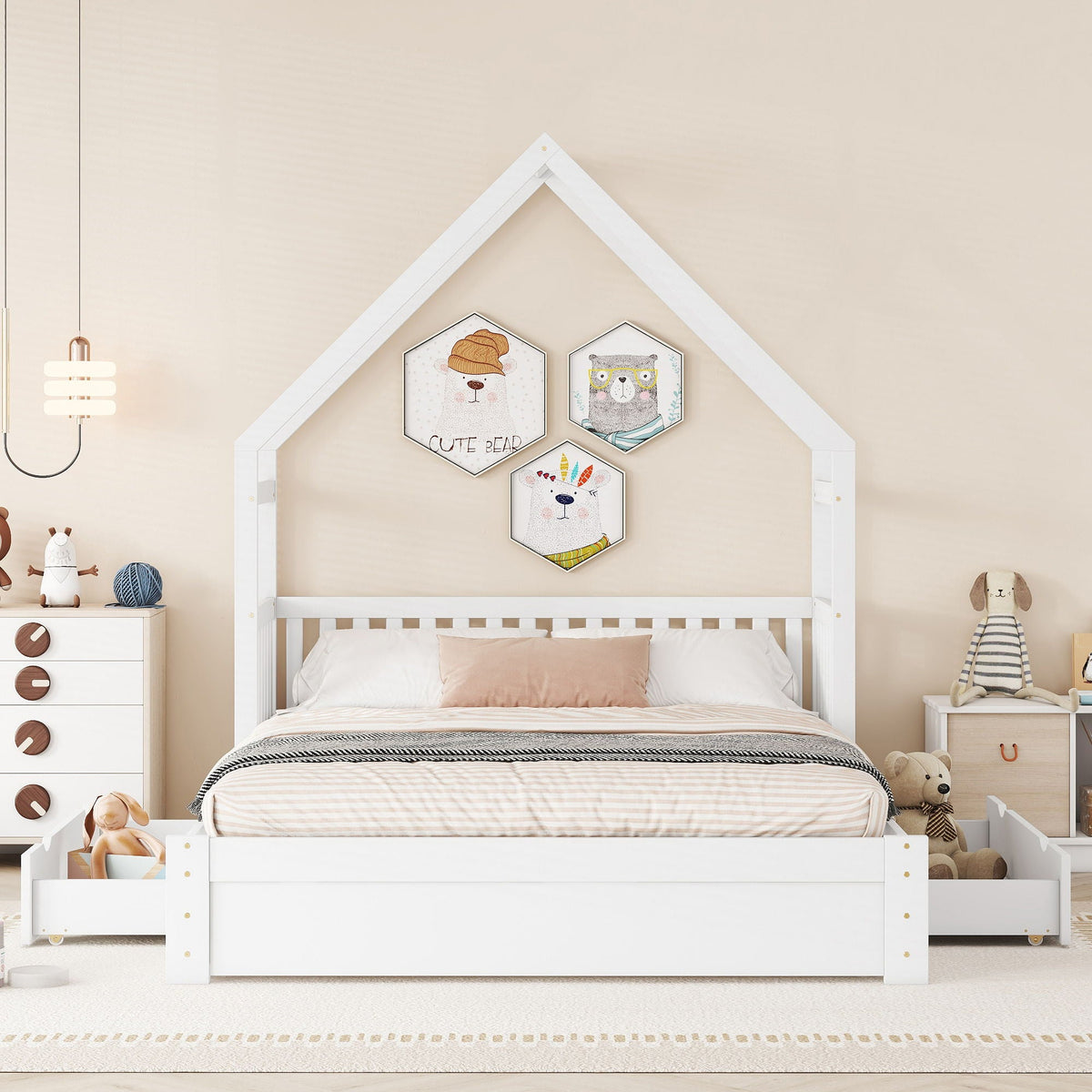 Queen Storage Platform Bed with Guardrail and 2 Drawers - White or Light Brown, photo 10 of 23