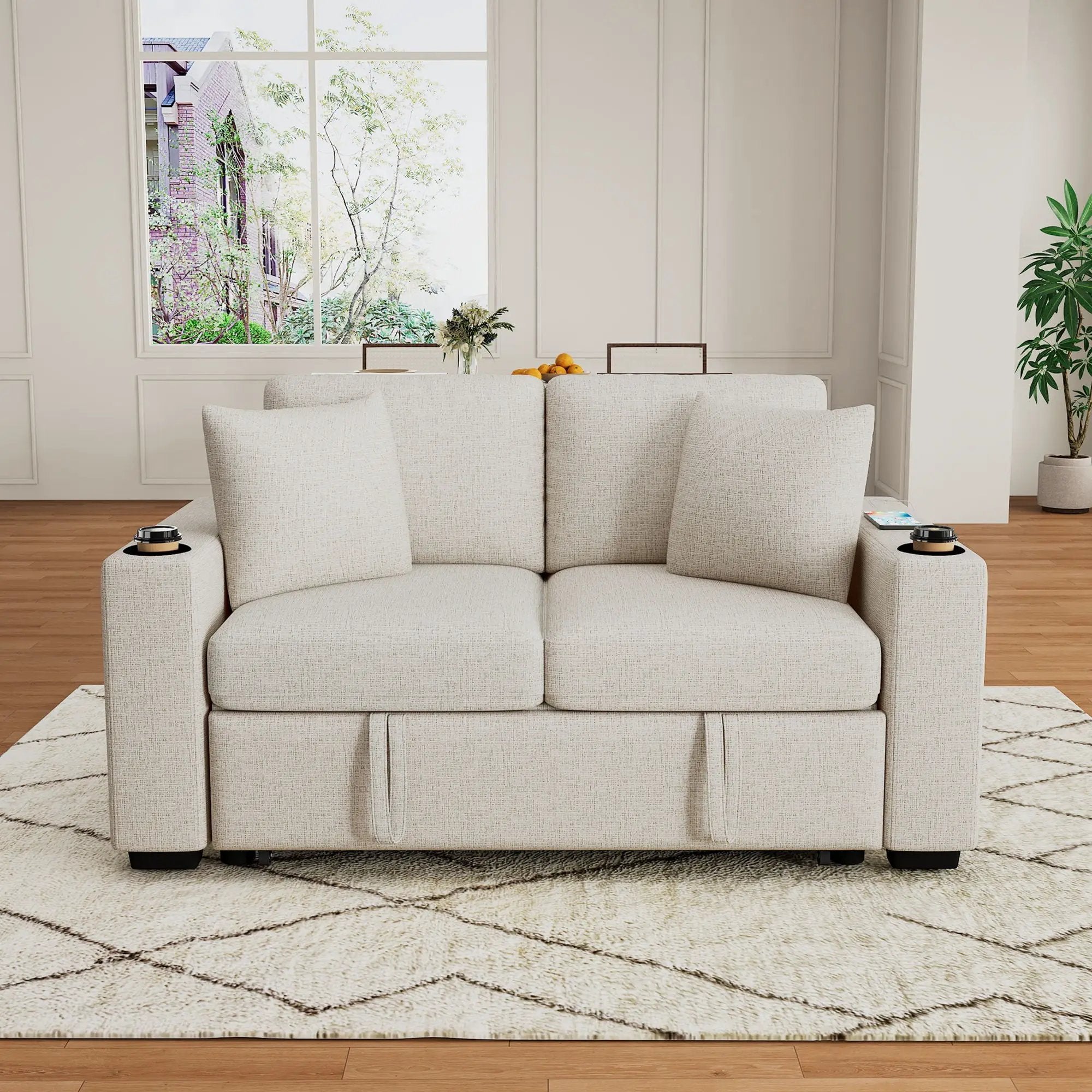 Modern 2 Seater Loveseat Sofa With Pull-Out Bed, Fabric, Built-In USB Ports & Cup Holders by Unique Piece Furniture
