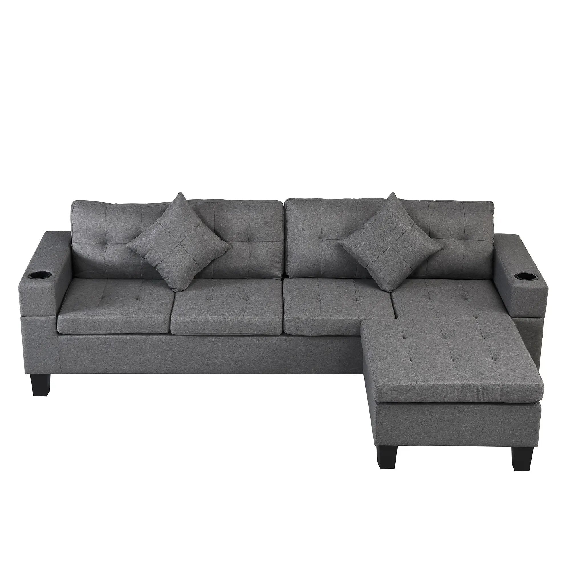 Modern Sectional Sofa Set With L Shape Chaise Lounge, Cup Holder, 4 Seat - Gray by HouseOfZazla