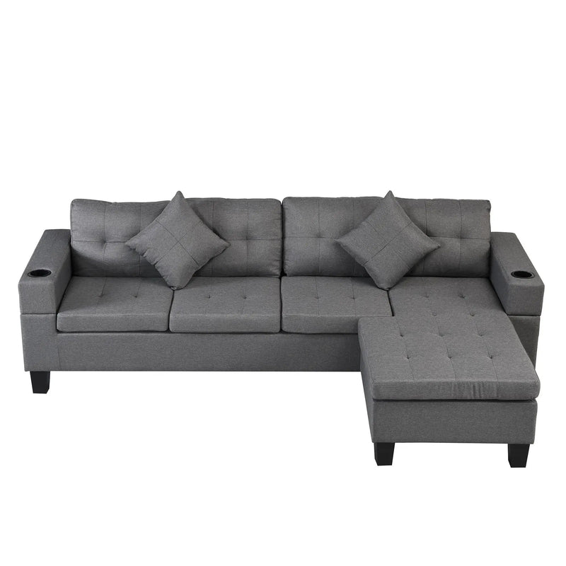 Modern Sectional Sofa Set With L Shape Chaise Lounge, Cup Holder, 4 Seat - Gray by HouseOfZazla
