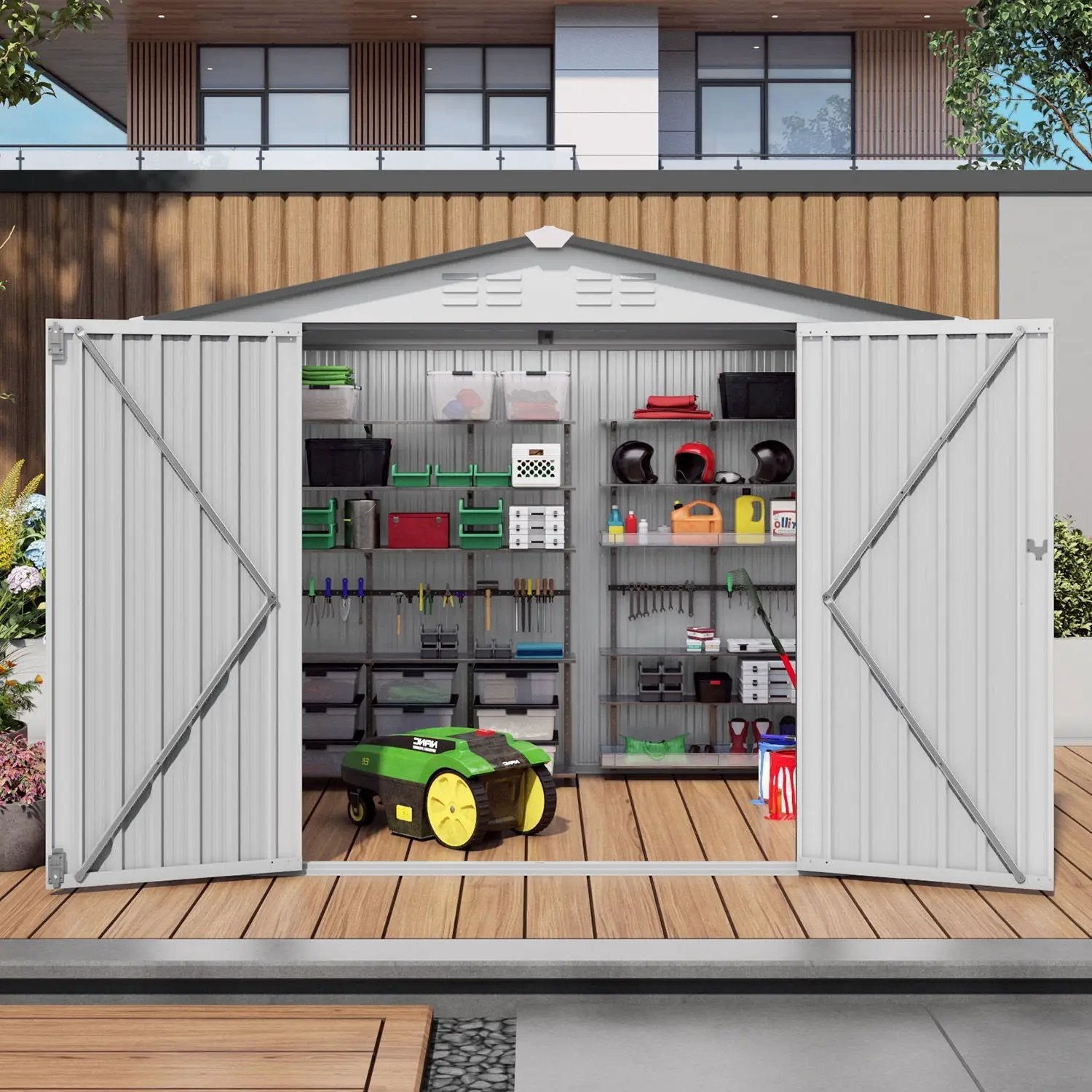 Outdoor Garden Storage Shed, Tool Shed With Pitched Roof Waterproof With 1 Window And 2 Lockable Door - White / Gray by HouseOfZazla