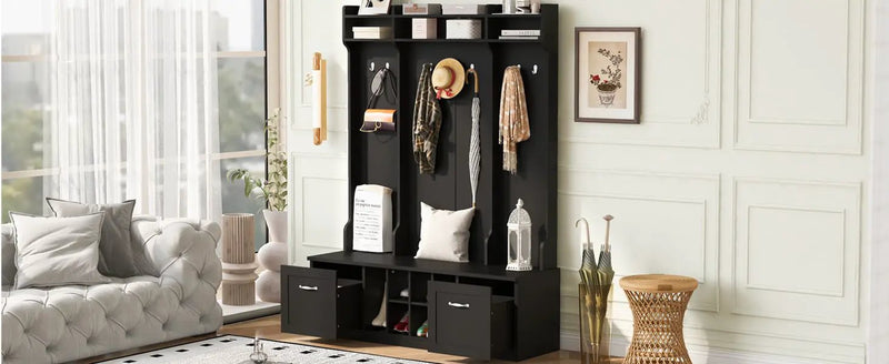 5 In 1 Entryway Bench With Coat Rack, 7 Sturdy Hooks, 2 Spacious Drawers And Adjustable Shelves by HouseOfZazla