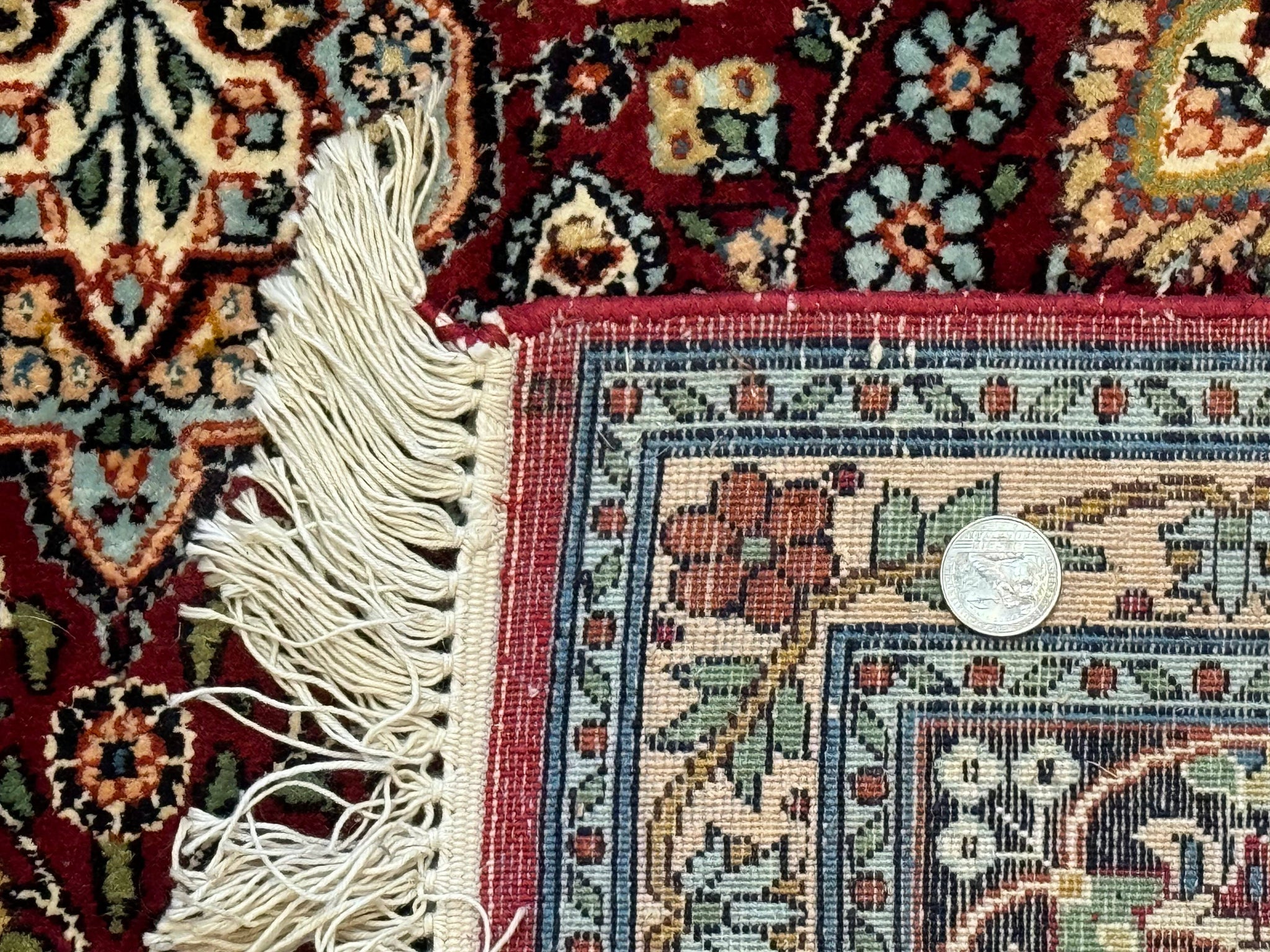 Indian Kashmiri Silk Rug 6x9, Red and Navy Blue, Floral Medallion, Fine 275 KPSI by Jewel Rugs