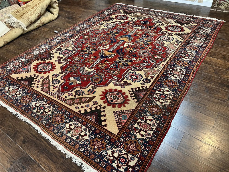 Antique Persian Heriz Rug 8x12 ft, Geometric Tribal Room Sized Carpet, Camel Hair Red Navy Blue, Wool Hand Knotted Medallion Oriental Carpet by Jewel Rugs