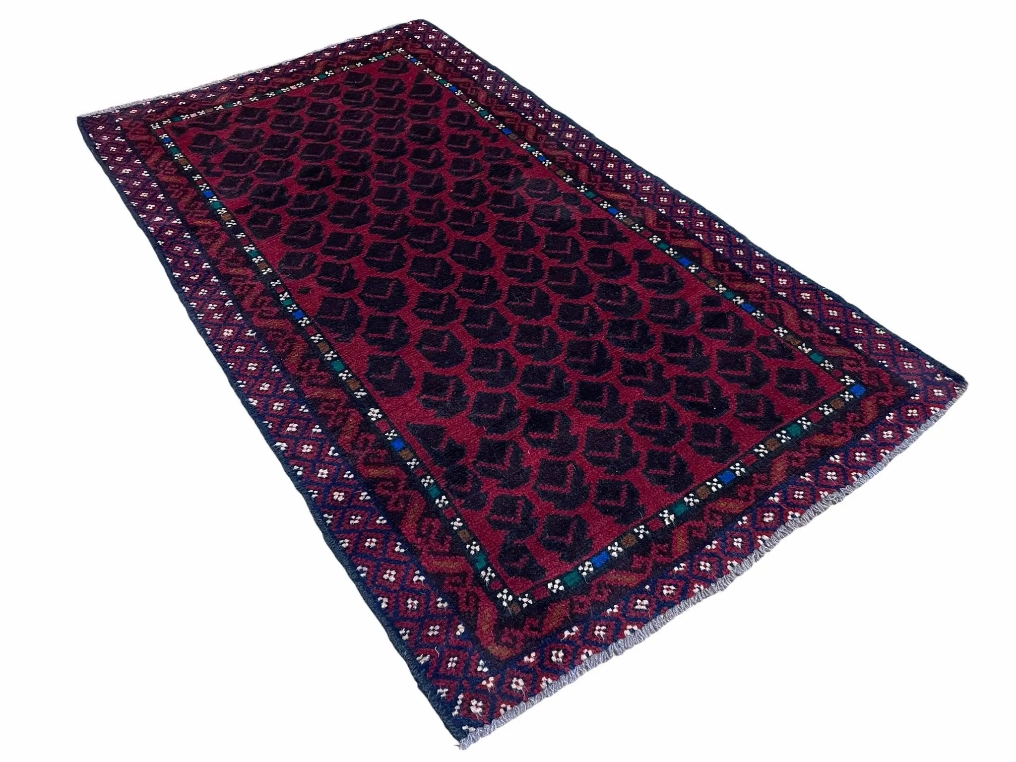 2' 8" X 4' 6" Vintage Handmade Tribal Wool Rug Balouchi Rug Afghan Rug Red Blue by Jewel Rugs