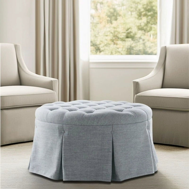 Skirted Tufted Round Ottoman With Button Top - Gray by HouseOfZazla
