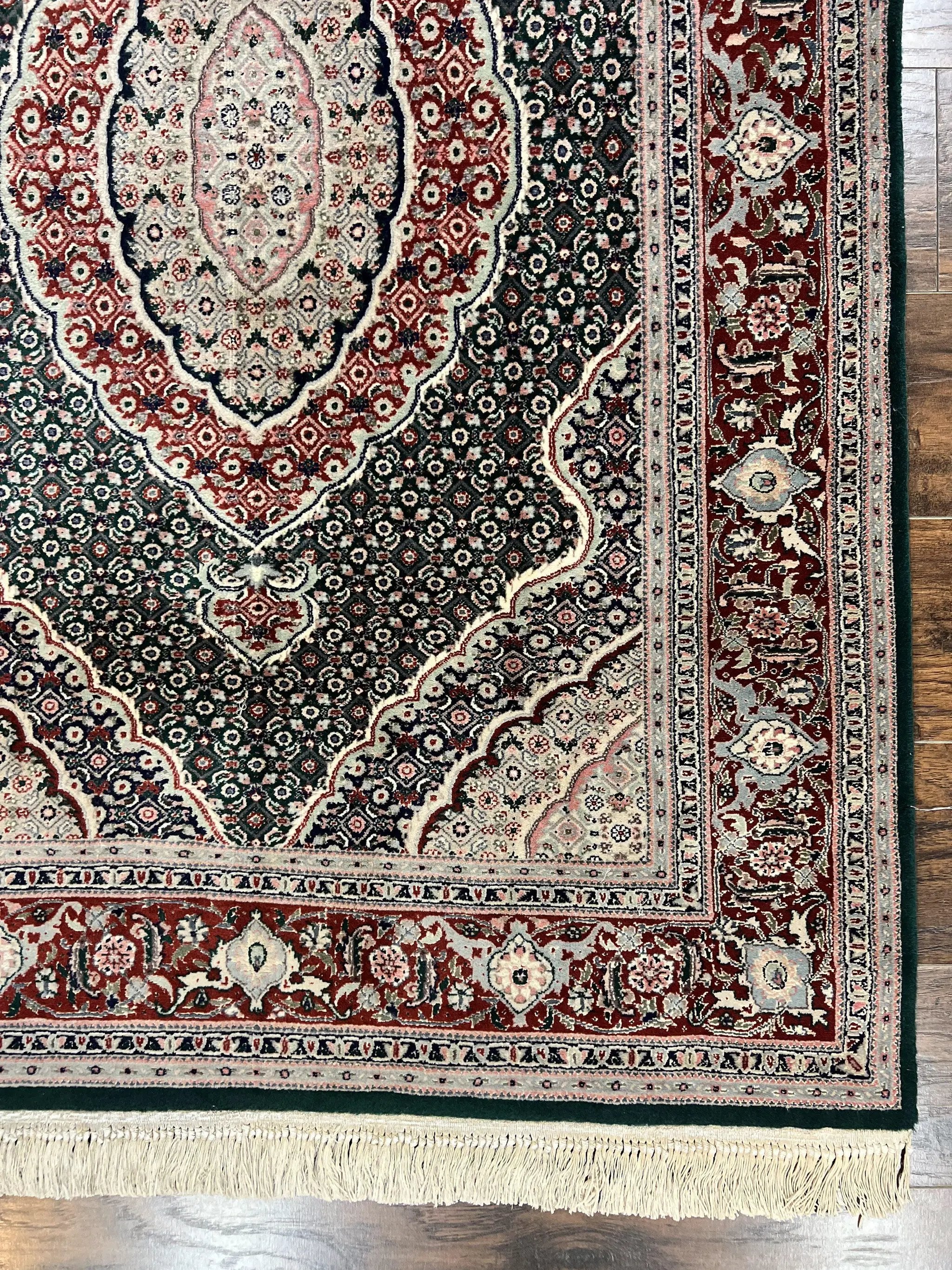 Sino Persian Rug 4x6, Wool with Silk Highlights, Fine Hand Knotted Carpet, Green & Maroon Red, Herati Medallion, Vintage Rug by Jewel Rugs