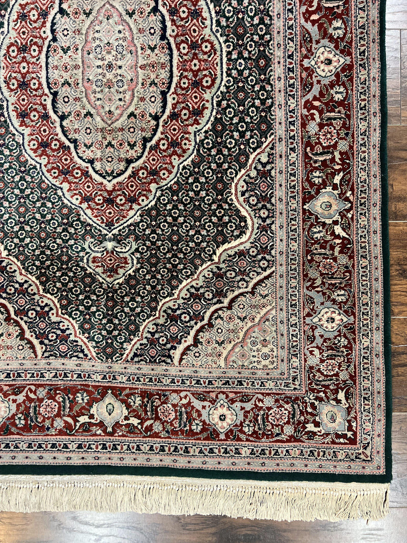 Sino Persian Rug 4x6, Wool with Silk Highlights, Fine Hand Knotted Carpet, Green & Maroon Red, Herati Medallion, Vintage Rug by Jewel Rugs