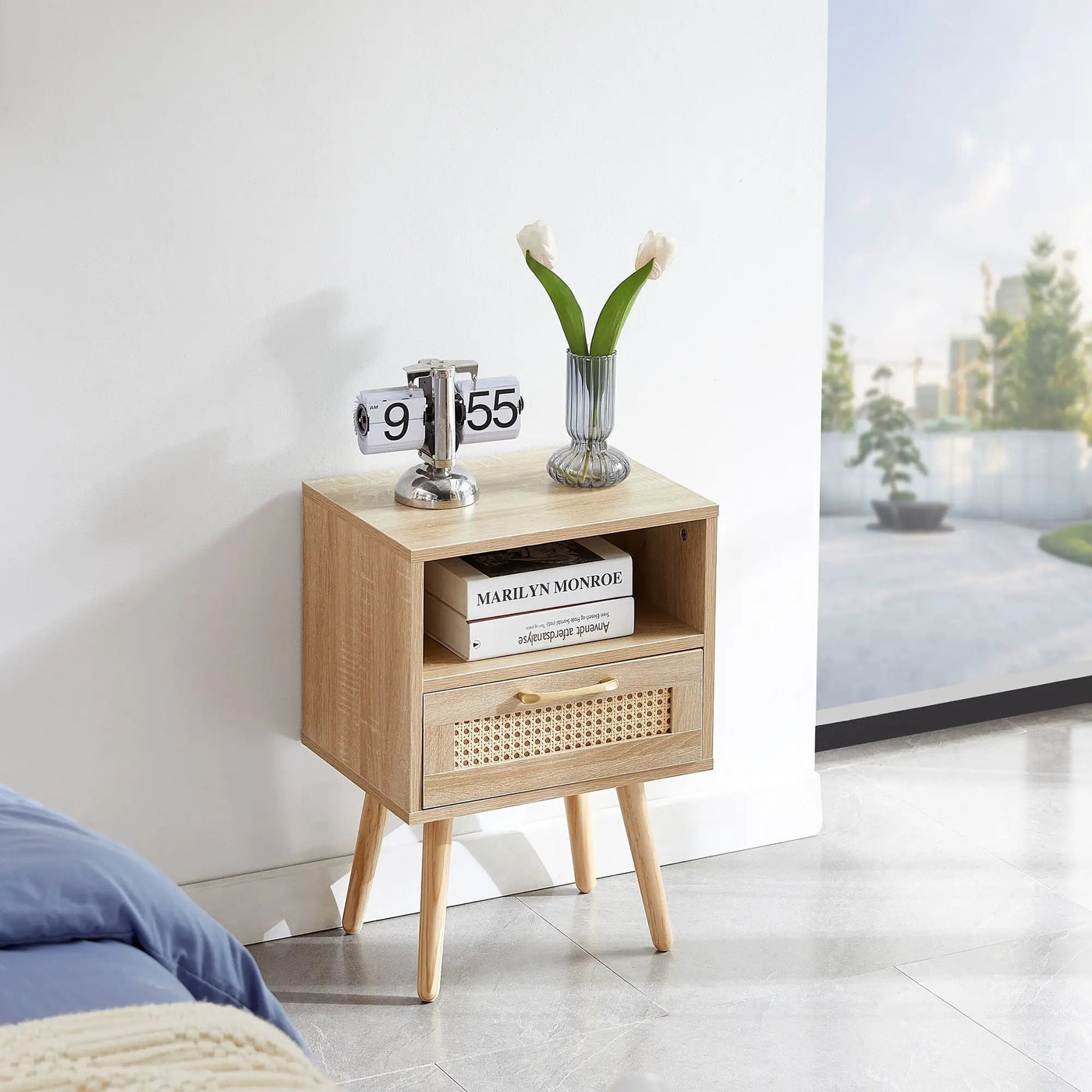 15.75" Rattan End Table With Drawer And Solid Wood Legs, Modern Nightstand, Side Table For Living Room, Bedroom by HouseOfZazla