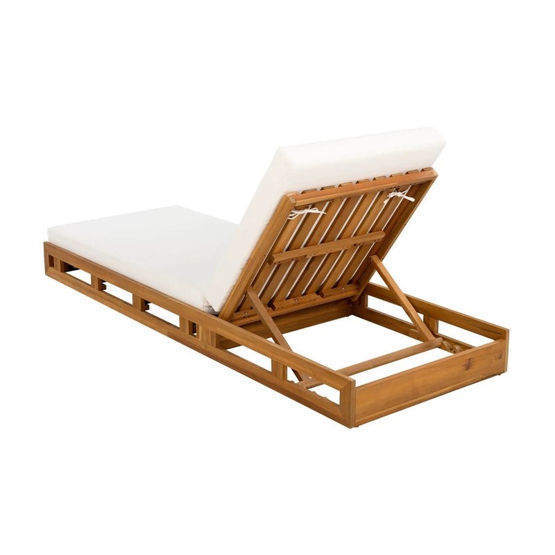 Premium Acacia Wood Lounge Chaise Set With Water Resistant Cushions, Adjustable Recline - Cream / Teak by HouseOfZazla