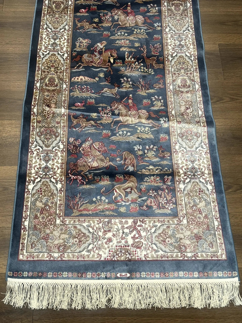 Turkish Silk Rug 2.6 x 6.7, Short Runner Rug, Blue & Ivory, Bamboo Silk, New by Jewel Rugs