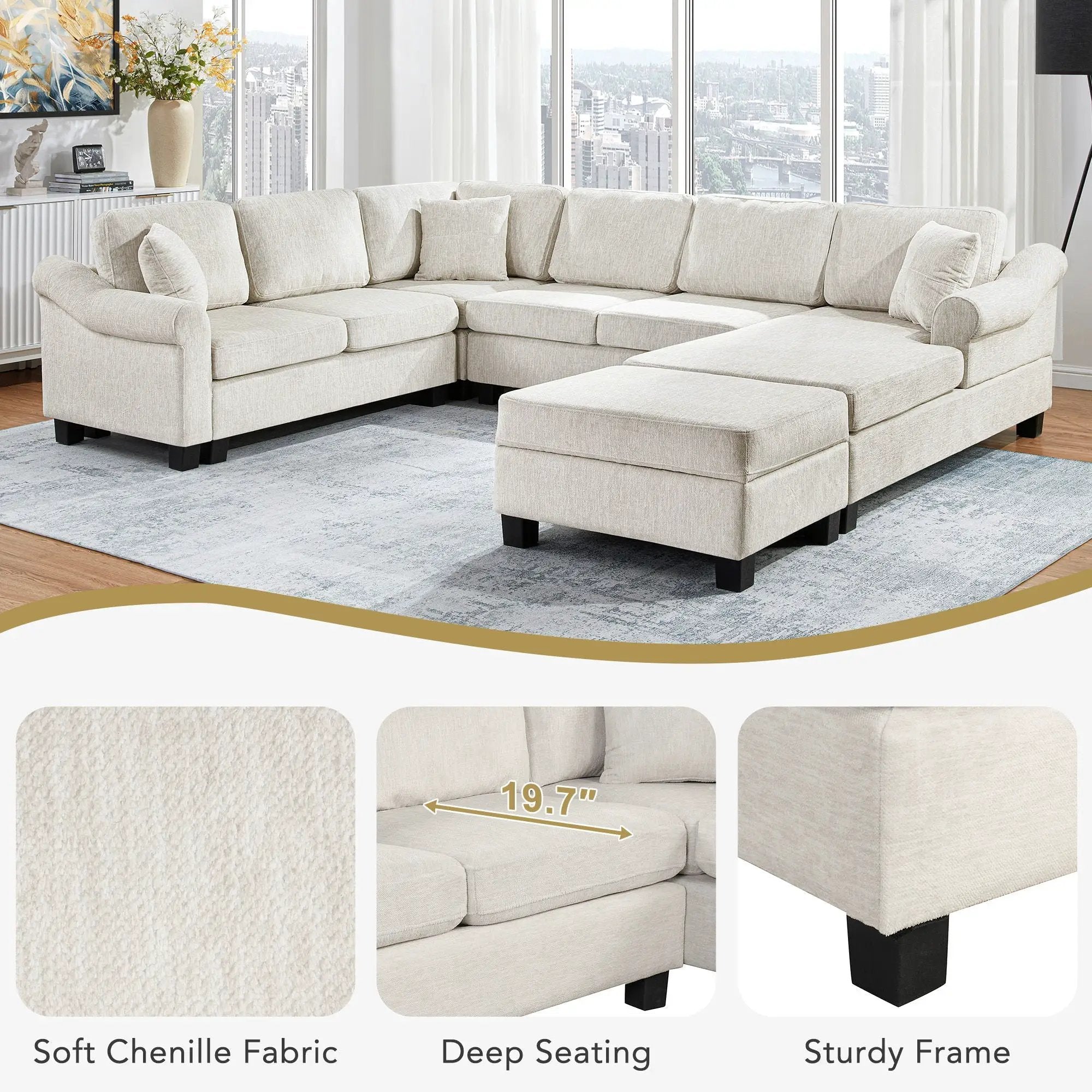 Contemporary U - Shaped Sectional Sofa With Movable Storage Ottoman by Unique Piece Furniture