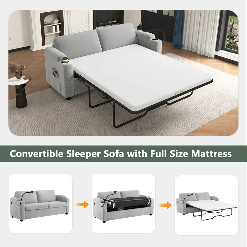 Sleeper Sofa Loveseat Sofa With Full Size Mattress, 2 USB Ports, 2 Cup Holders, 2 Side Pockets And Phone Holder by HouseOfZazla