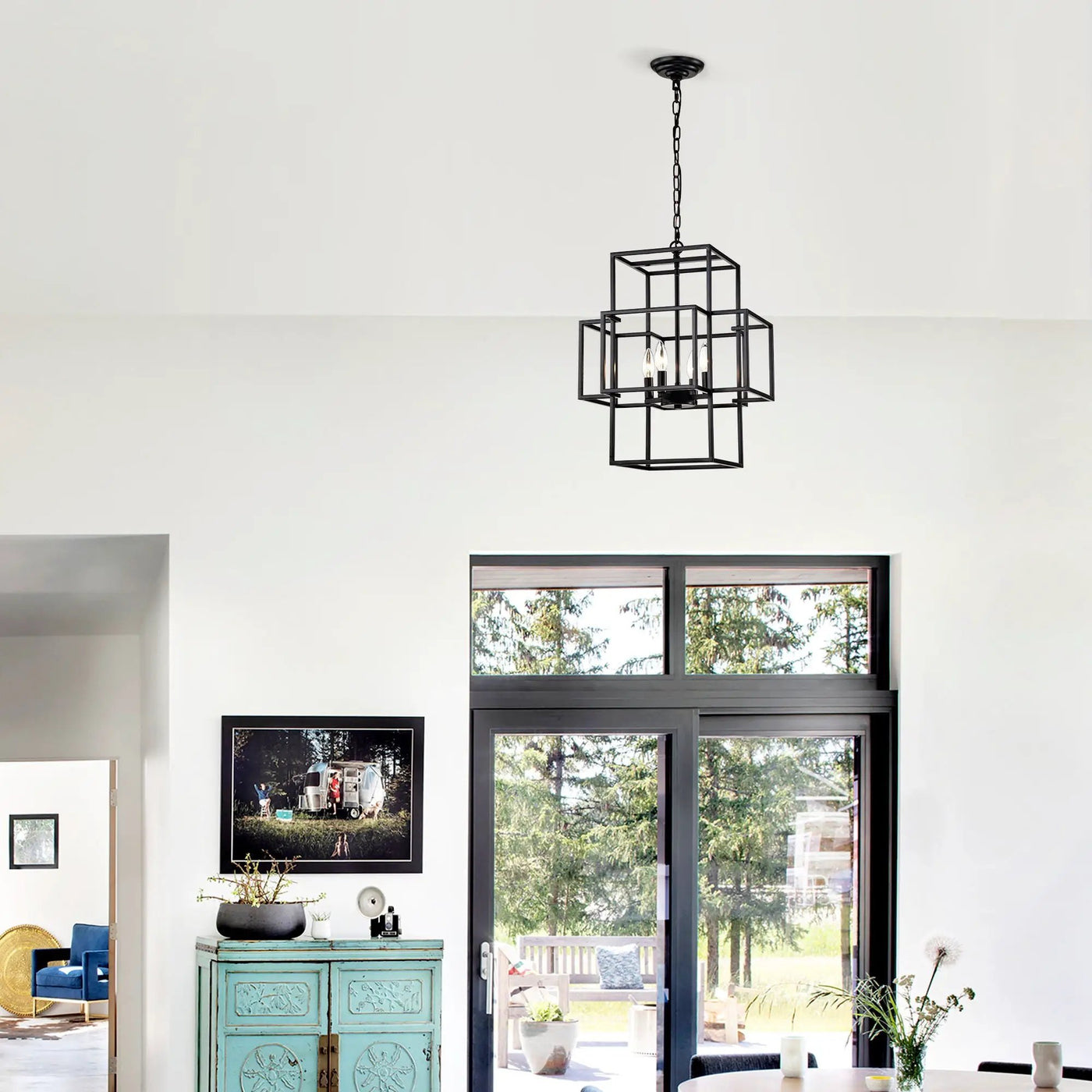 4 Light Metal Lantern Tiered Pendant Hanging Light Fixtures, Industrial Farmhouse Adjustable Height Chandeliers For Dining Room Hallway Foyer Entryway (E12 Bulbs Not Included) by HouseOfZazla