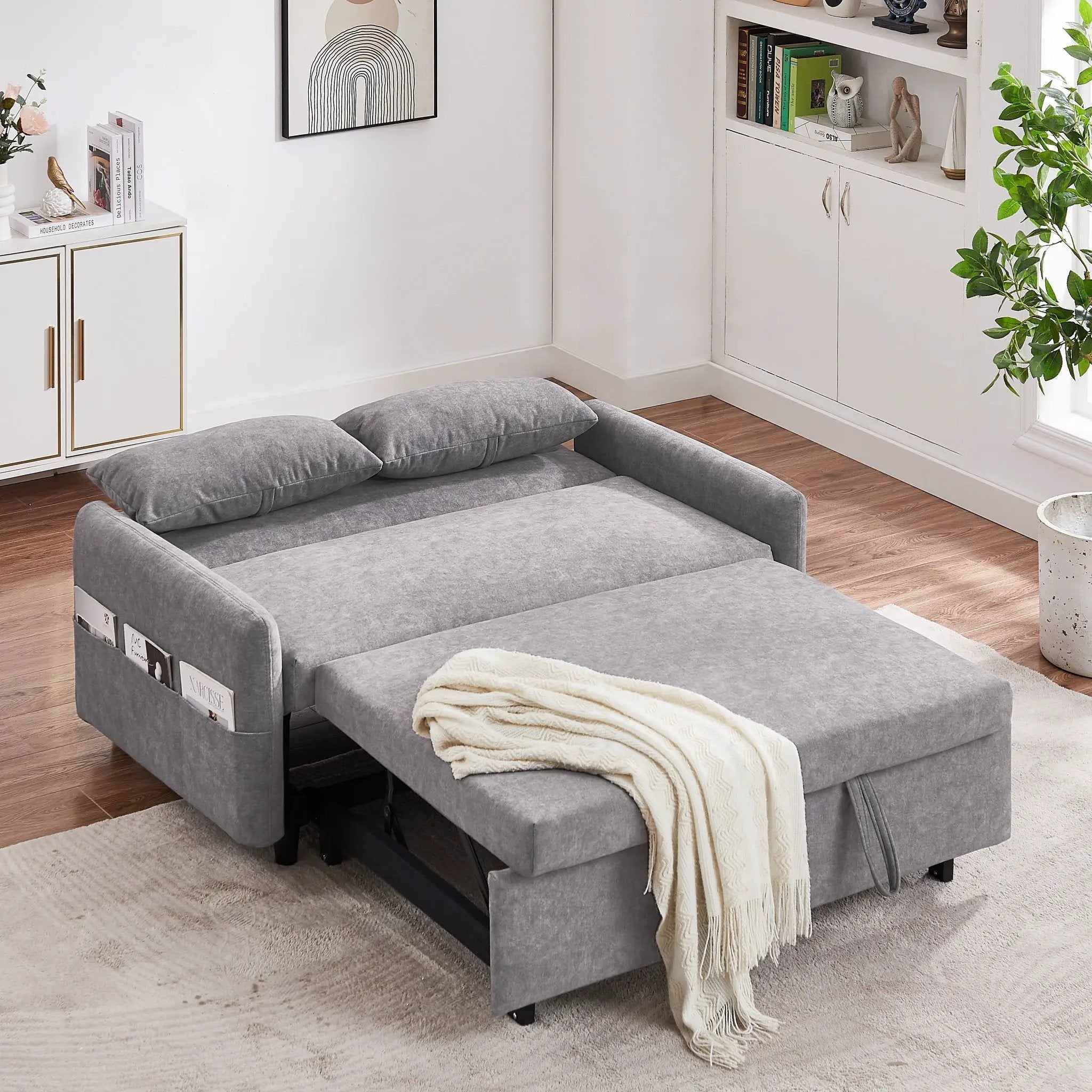 Pull Out Sleep Sofa Bed Loveseats Sofa Couch With Adjsutable Backrest, Storage Pockets, 2 Soft Pillows, USB Ports For Living Room, Bedroom, Apartment, Office by HouseOfZazla