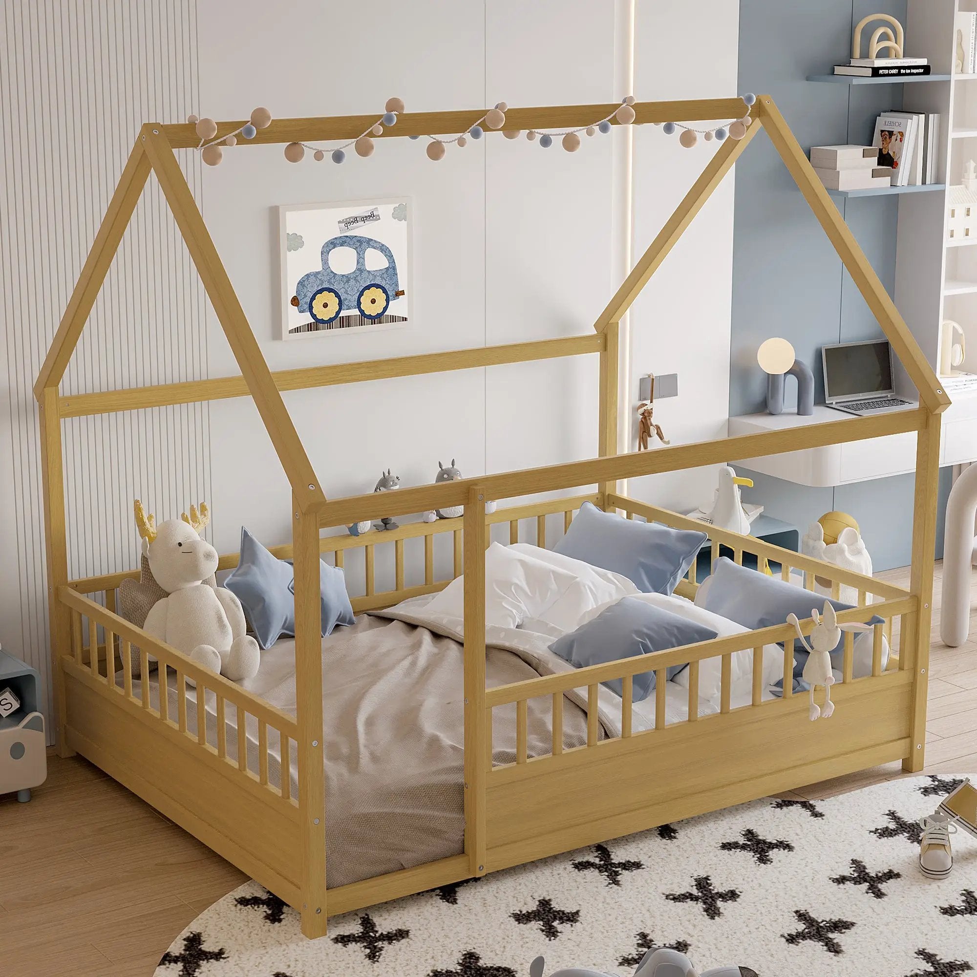 Full Size Wooden Bed with House Roof Frame by HouseOfZazla