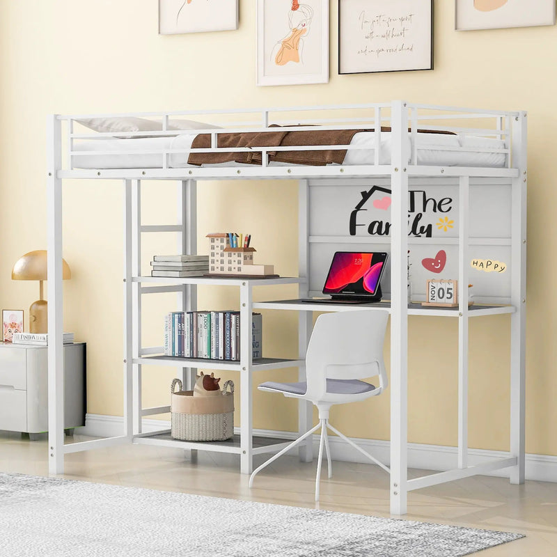 Metal Loft Bed With Desk, 3 Shelves And Ladder by Unique Piece Furniture