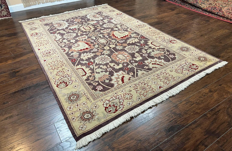 Vintage Indo Mahal Area Rug 6x9, Indian Persian Oriental Carpet 6 x 9, Puce Eggplant Tan Beige Rug, Hand-Knotted, Large Floral Design Wool by Jewel Rugs