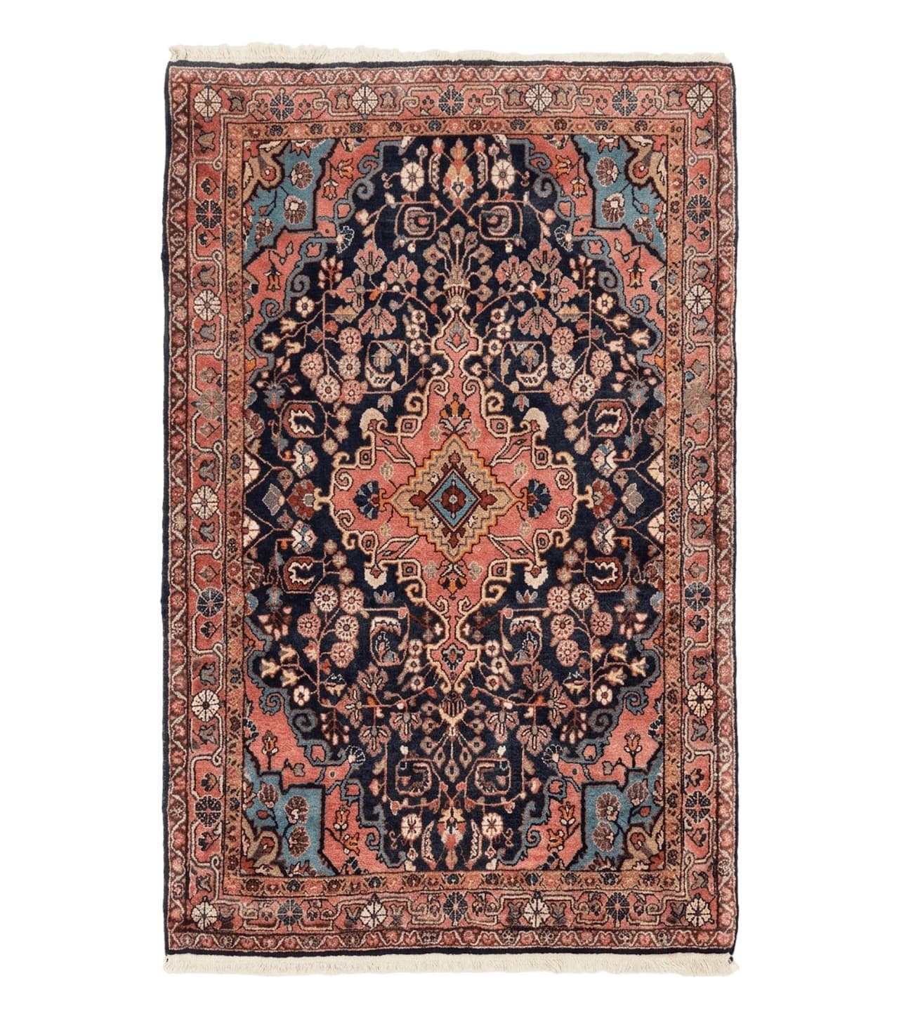 Persian Rug 3x5, Jozan Sarouk Rug, Navy Blue and Coral, Medallion Rug, Semi Antique by Jewel Rugs