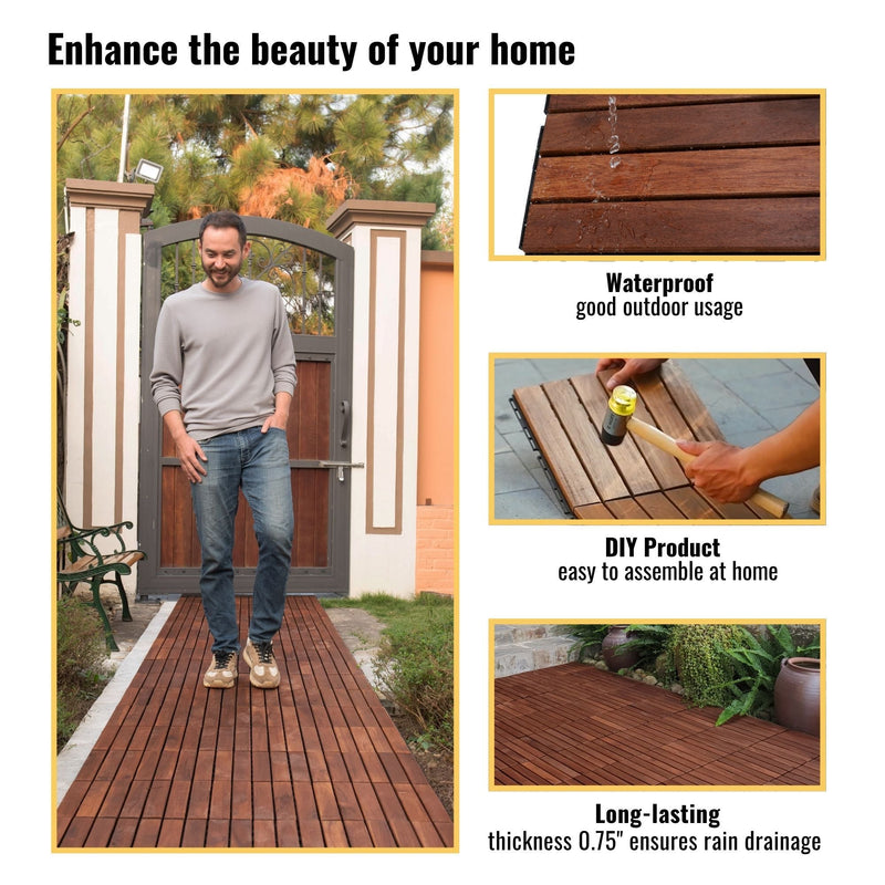 Interlocking Deck Tiles Striped Pattern, Square Acacia Hardwood Outdoor Flooring For Patio, Bancony, Pool Side by HouseOfZazla