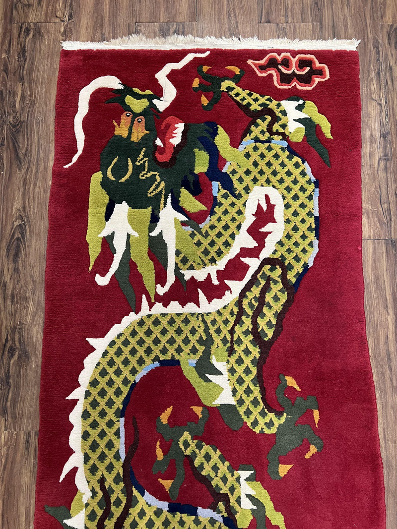 Vintage Chinese Dragon Rug 3 x 6.8, Handmade Hand Knotted Red Chinese Carpet with Gold Dragon, Art Deco Peking Soft Chinese Rug Runner by Jewel Rugs