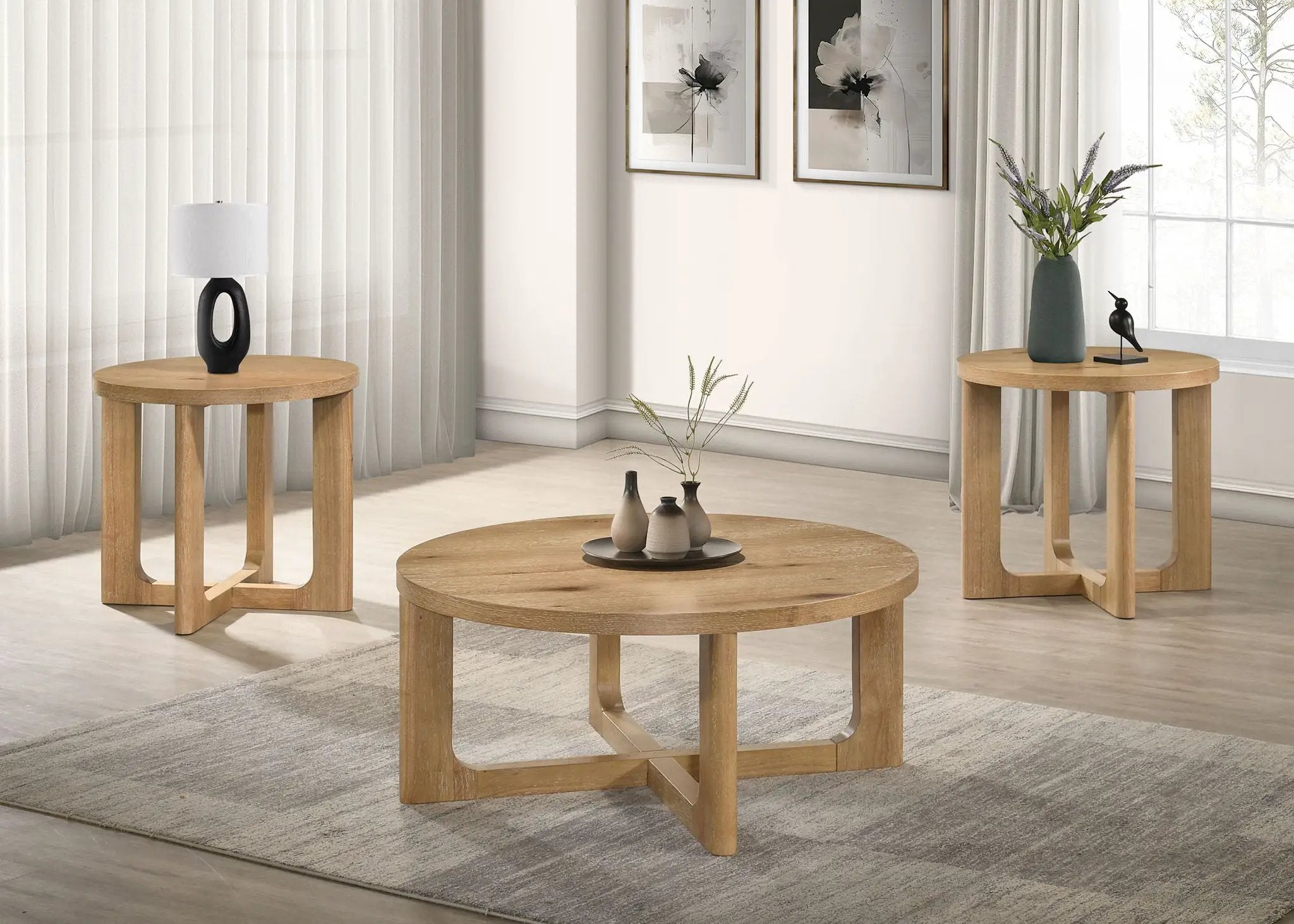 Kessler Round Sculptural Wood End Table Light Oak by Unique Piece Furniture
