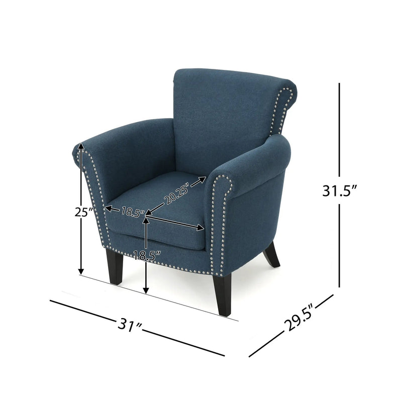 Elegant Navy Blue Fabric Club Chair with Nailhead Trim and Birch Wood Legs by HouseOfZazla