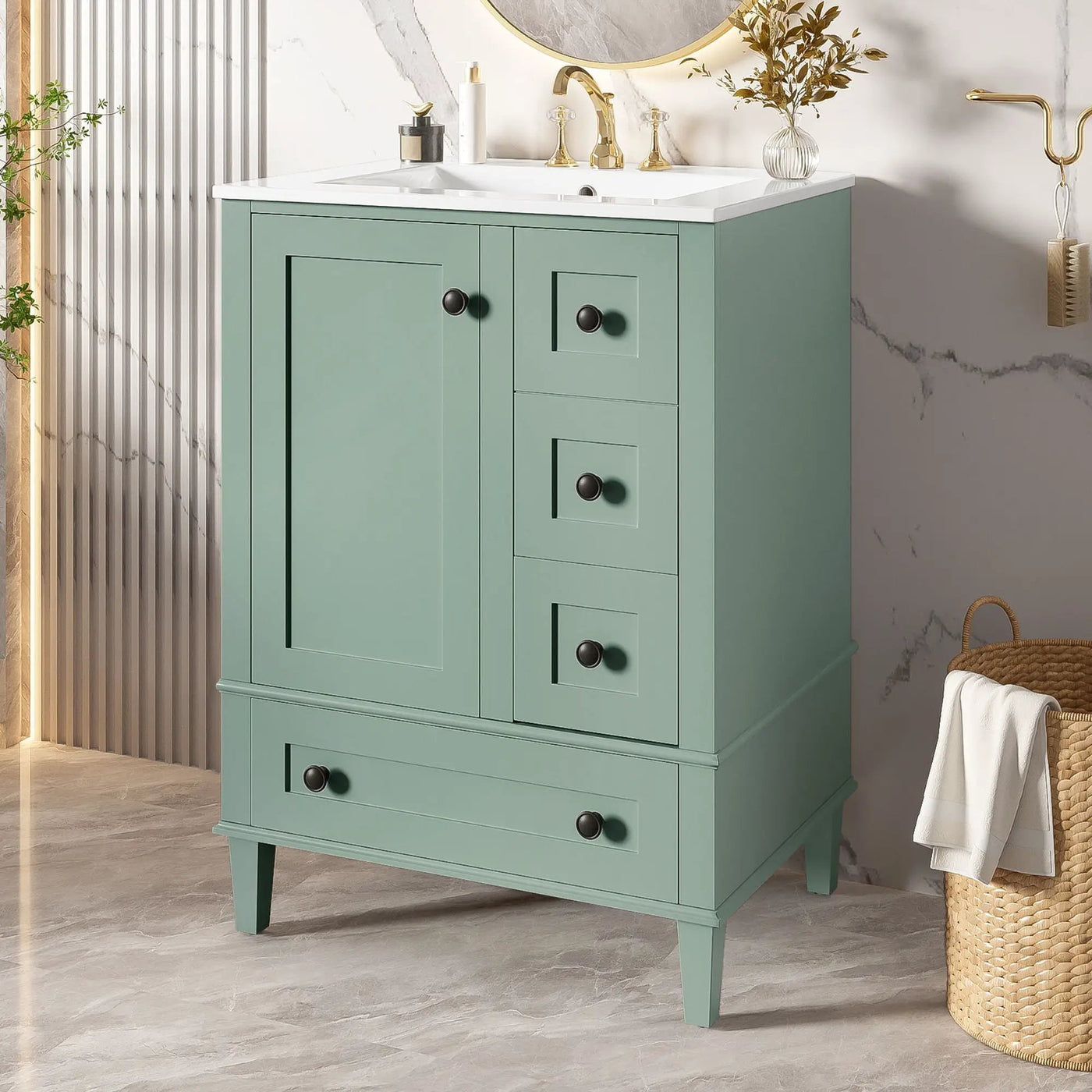Bathroom Vanity With Integrated Basin, Soft Close Drawers, Door Mounted Double Layer Shelf by Unique Piece Furniture