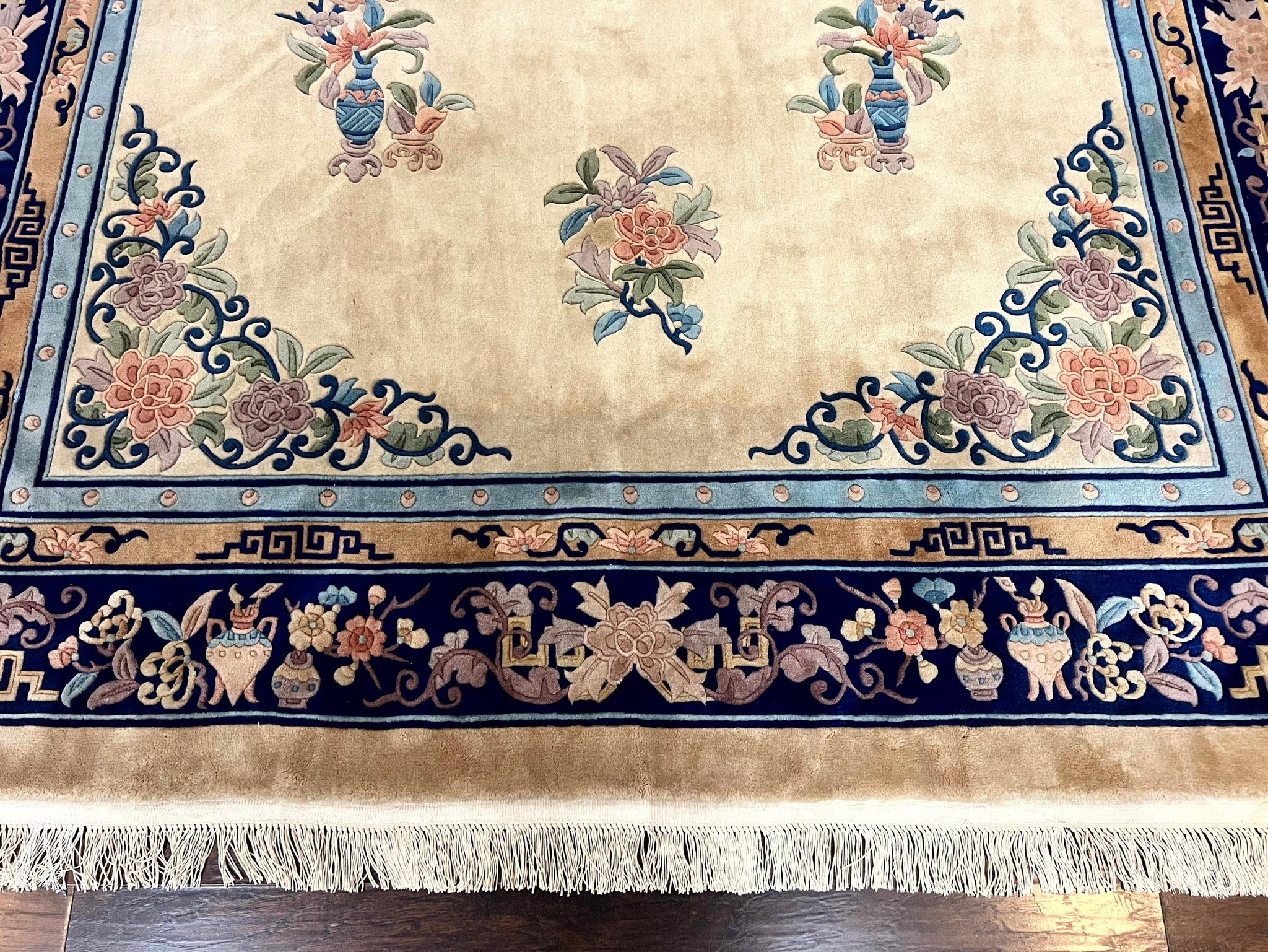 Chinese Wool Rug 8x11, Peking Asian Oriental Carpet, Cream/Ivory and Blue, Vintage Handmade Rug, Art Deco Rug by Jewel Rugs