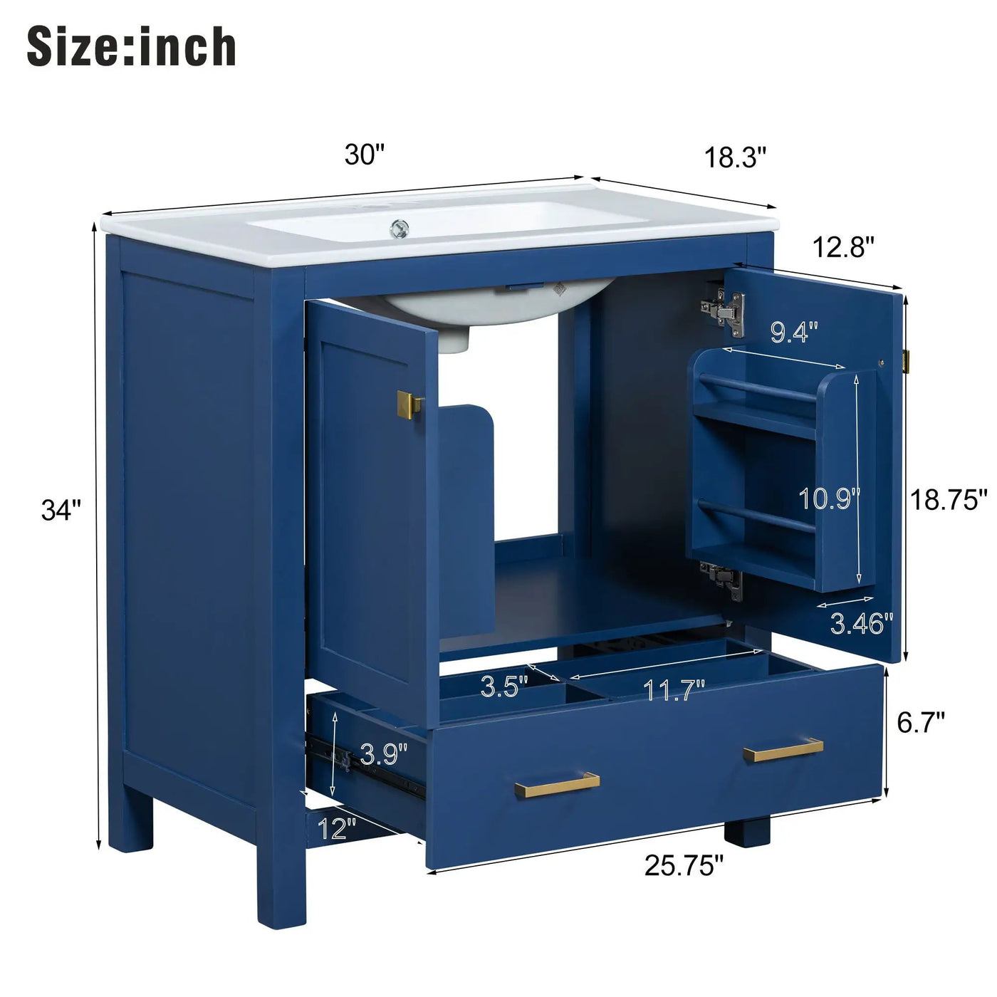 Bathroom Vanity With Single Sink, Combo Cabinet Undermount Sink, Bathroom Storage Cabinet With Two Doors And A Drawer, Soft Closing, Multifunctional Storage, Solid Wood Frame by Unique Piece Furniture