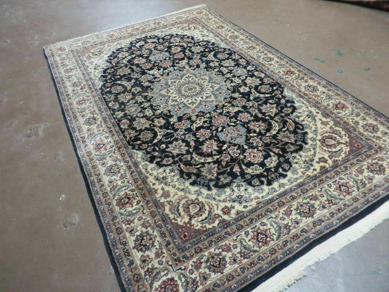 4' X 7' Vintage Handmade India Wool Silk Accent Rug Hand Knotted Black Organic by Jewel Rugs