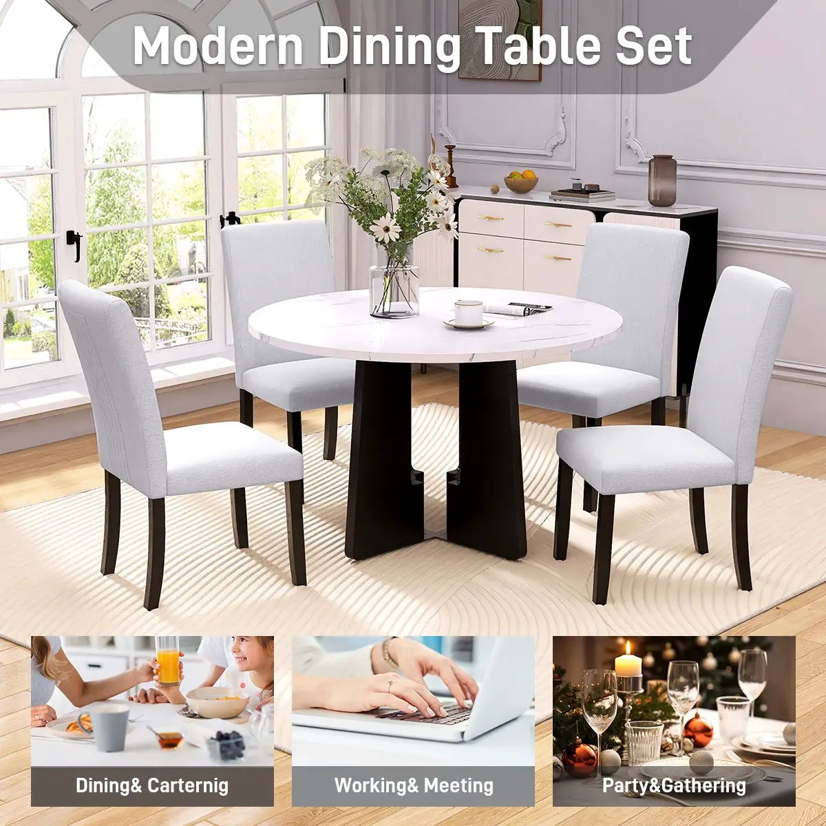 5 Piece Round Dining Table Set, Modern Dining Table And 4 Upholstered Chairs For Dining Room by HouseOfZazla