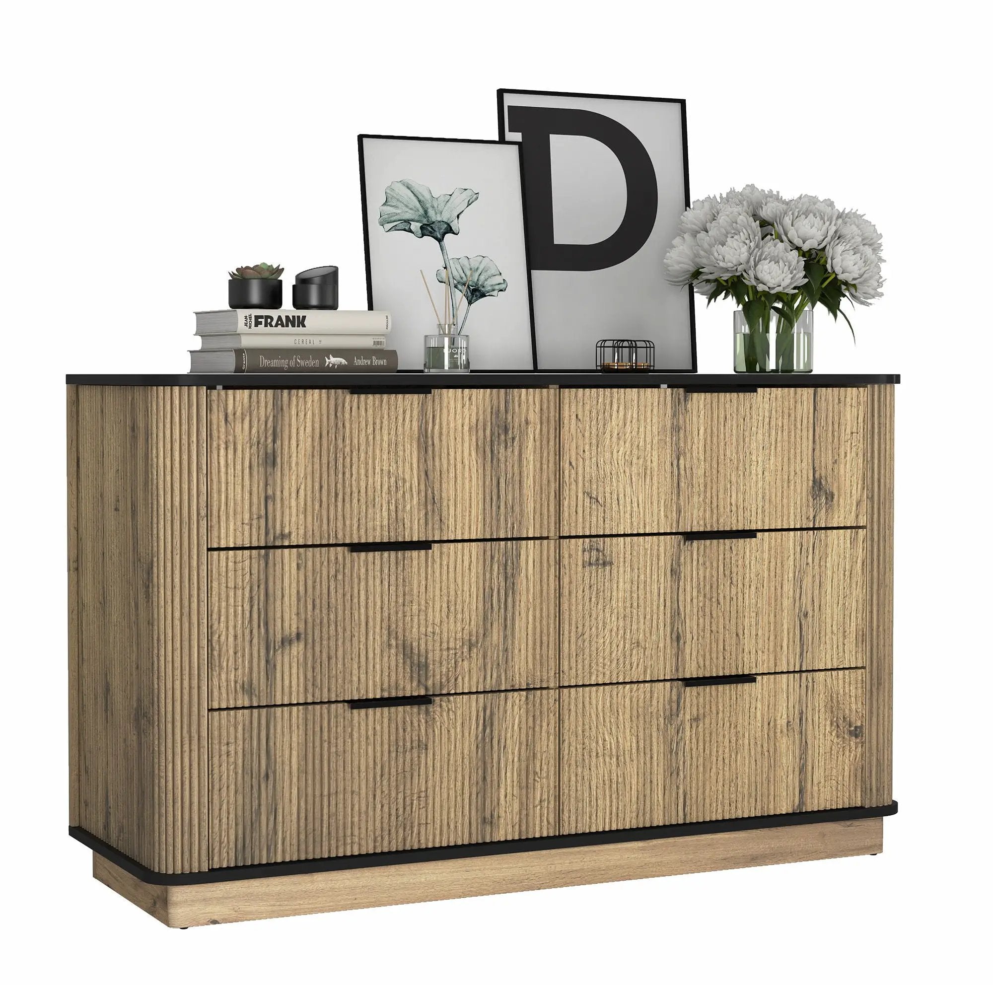 Modern 6 Drawer Cabinet With Metal Rounded Corners And Exquisite Handles Multi Functional Storage - Natural Wood by HouseOfZazla