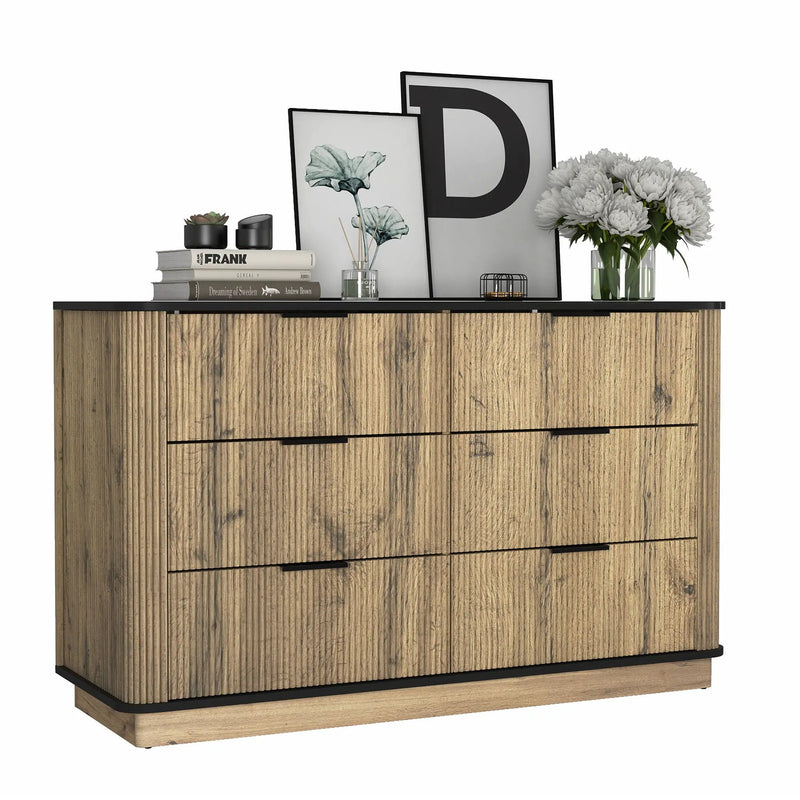 Modern 6 Drawer Cabinet With Metal Rounded Corners And Exquisite Handles Multi Functional Storage - Natural Wood by HouseOfZazla