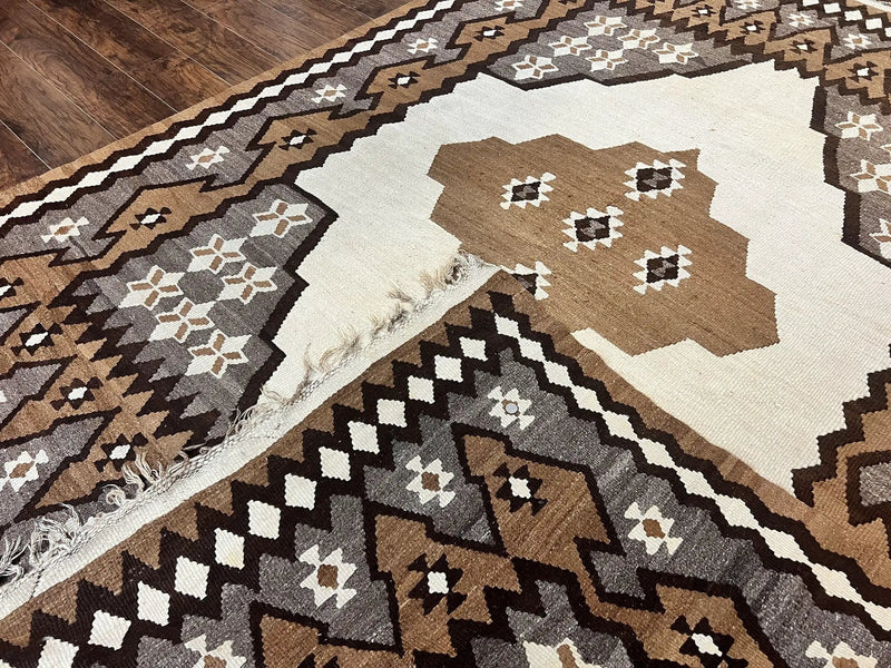 Antique Persian Fars Kilim Rug 8x11, Wool, Boho Tribal Persian Shiraz Flatweave Carpet, Semi Open Field, Geometric, Handmade, Vintage Semi Antique by Jewel Rugs