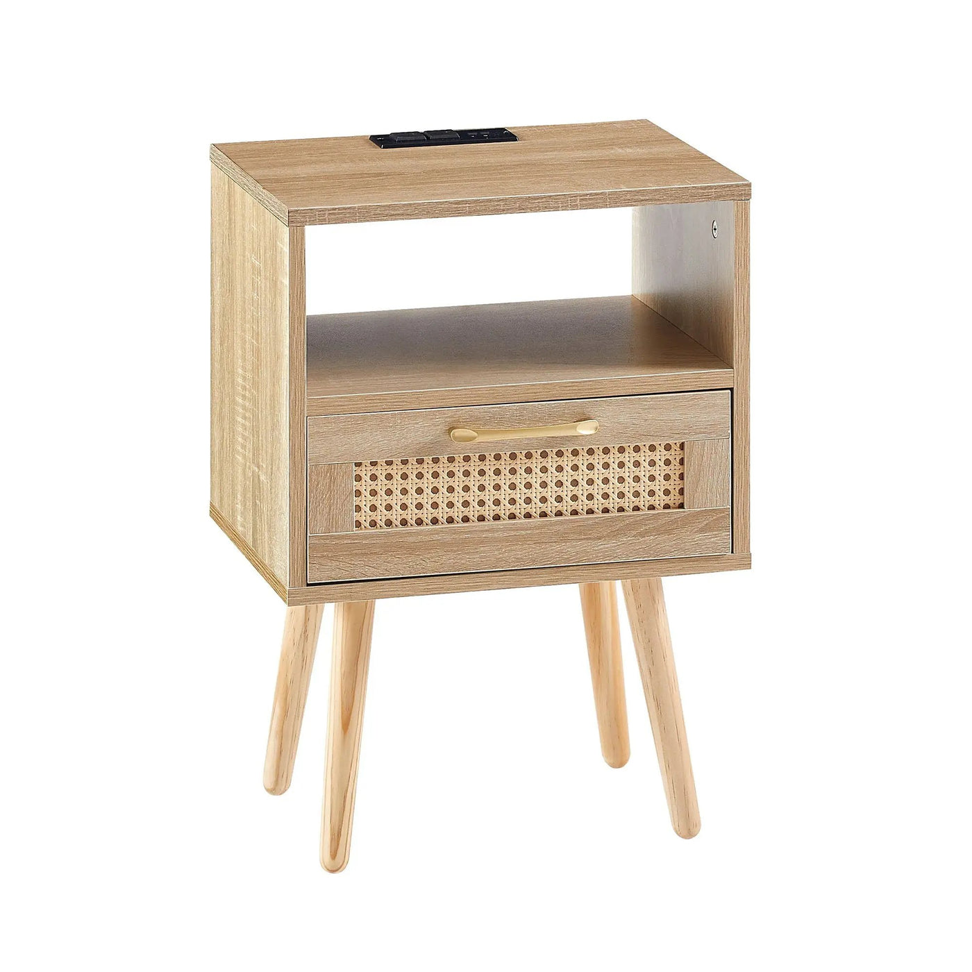 15.75" Rattan End Table With Power Outlet & USB Ports, Modern Nightstand With Drawer And Solid Wood Legs, Side Table For Living Room, Bedroom by HouseOfZazla