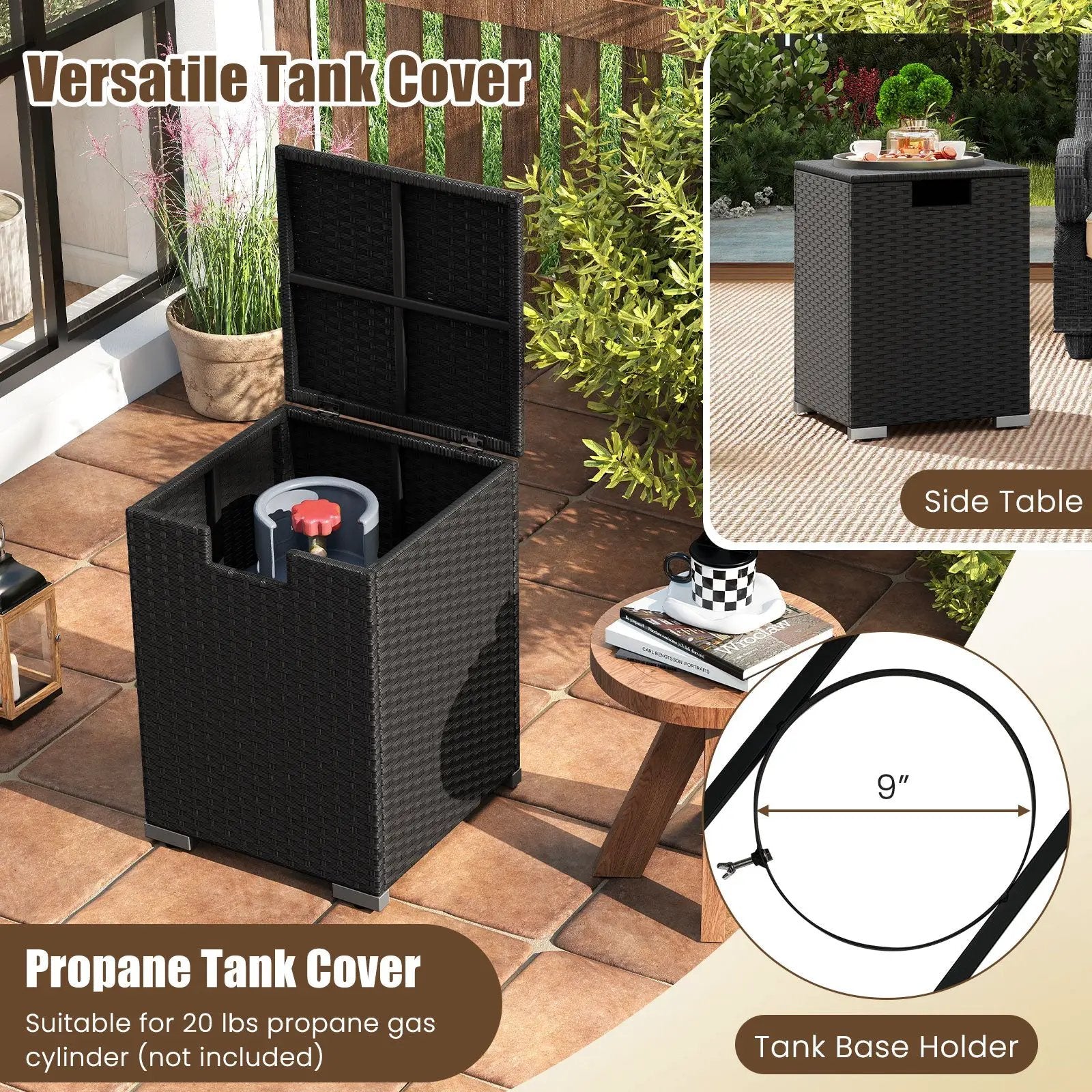 2-Piece Outdoor Rattan Fire Table Set 32 Inch Rectangle Gas Firepit with Tank Cover by DirectDeals