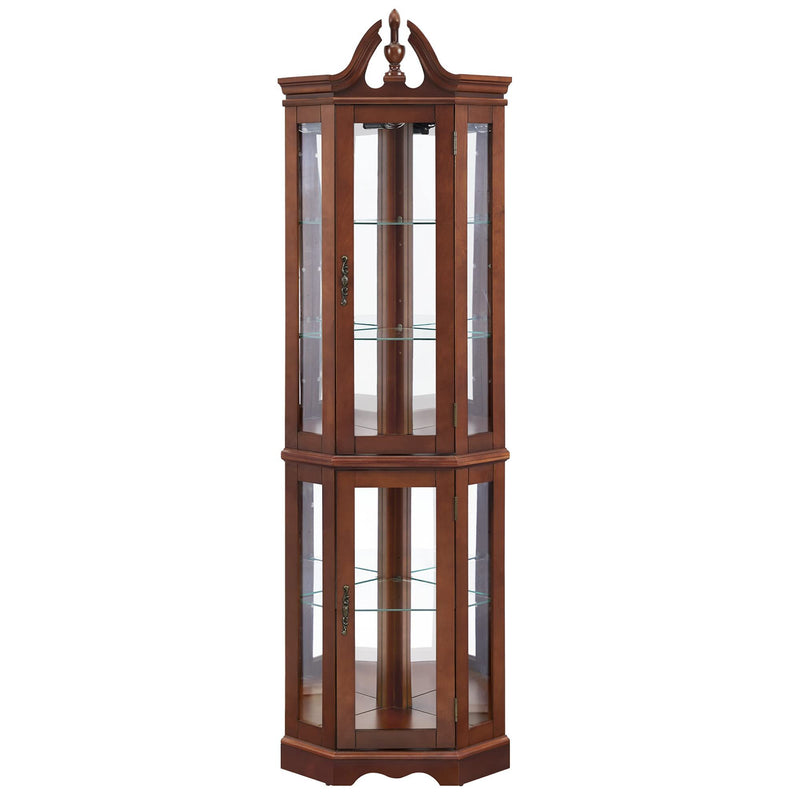 Corner Curio Cabinet with Lights and Adjustable Glass Shelves - Mirrored Walnut