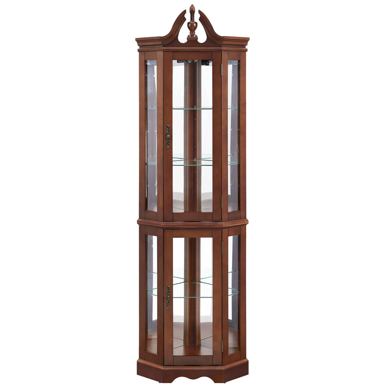 Corner Curio Cabinet With Lights, Adjustable Tempered Glass Shelves, Display Cabinet (E26 Light Bulb Not Included) - Mirrored / Walnut by HouseOfZazla