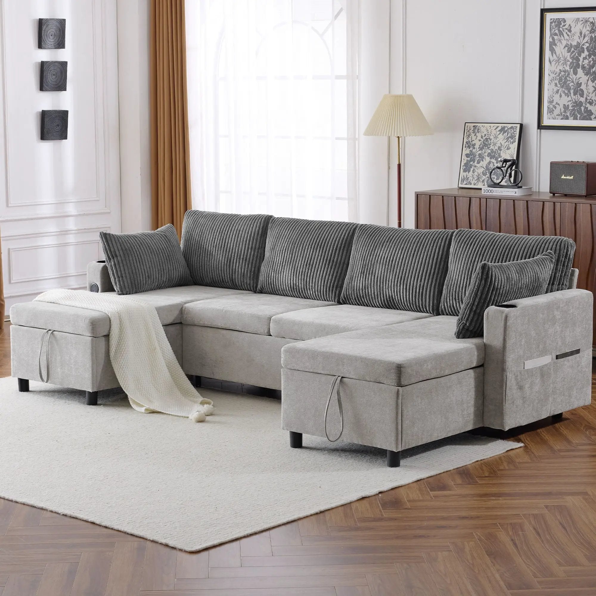 Sectional Sofa Bed With Pull Out Sleeper, USB Ports, Cup Holders by HouseOfZazla