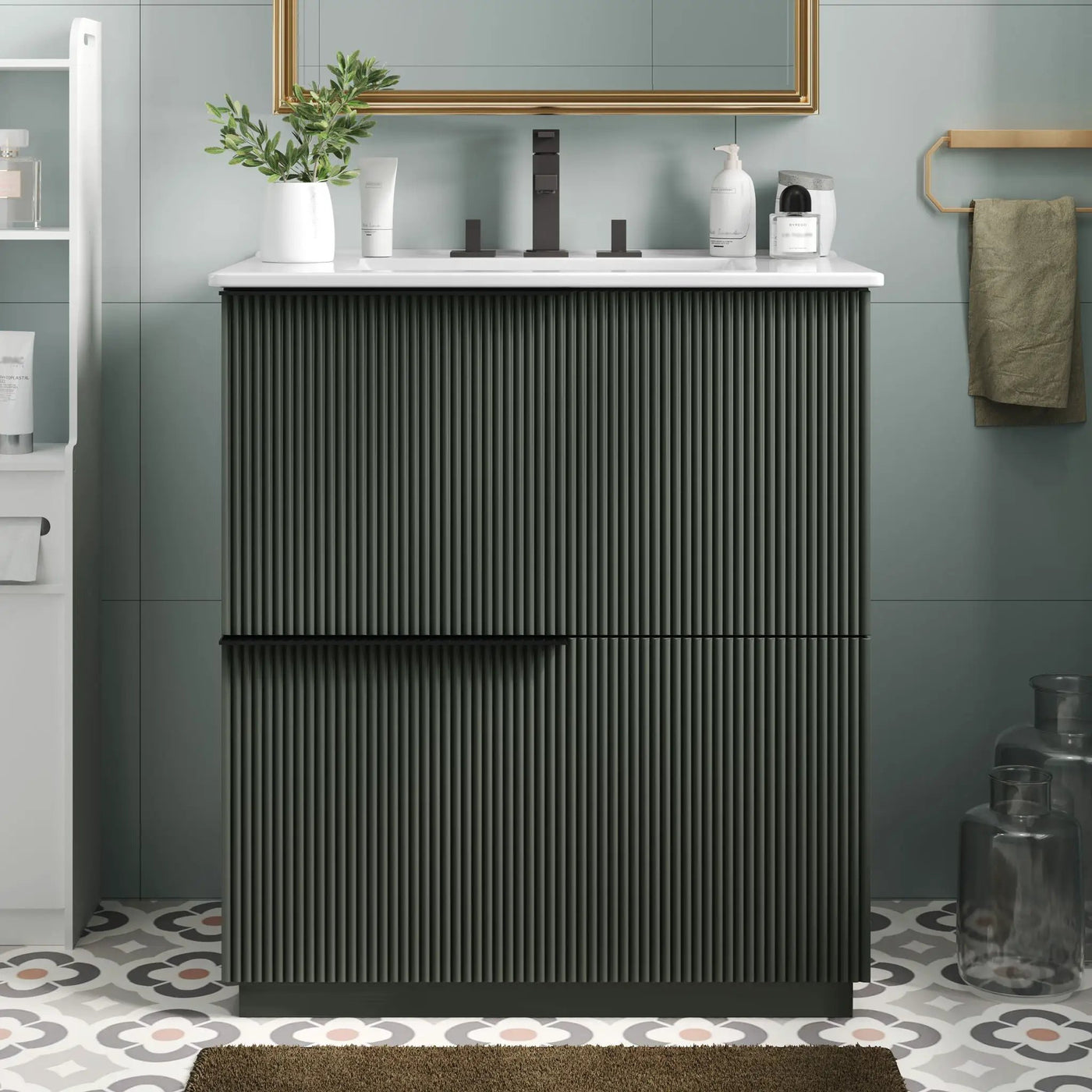 Fluted Bathroom Vanity With Ceramic Sink and Soft-Close Slides by HouseOfZazla
