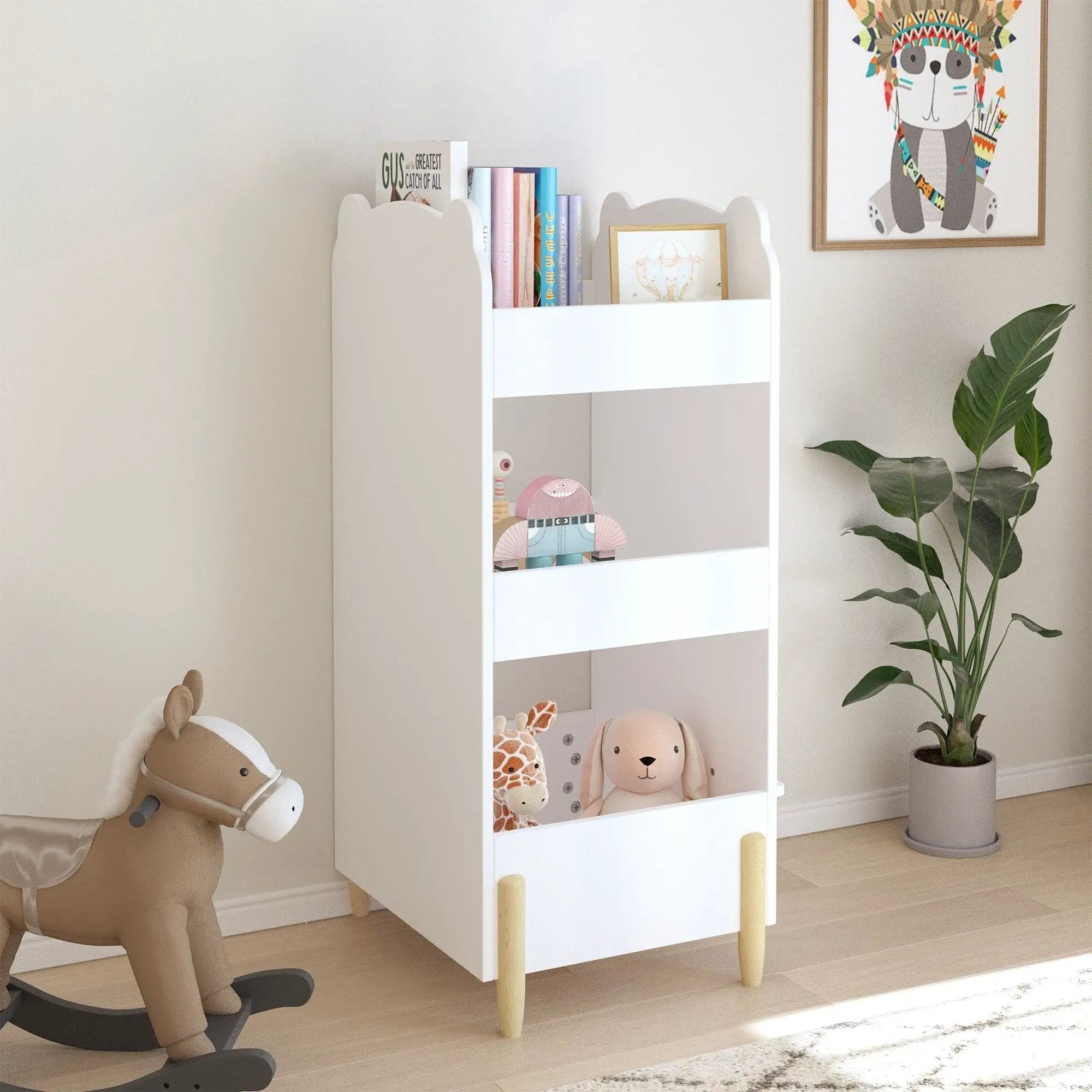 Bear Shaped Bookshelf With Chalkboard Side, 3 Tier Storage Organizer For Playroom - White by Unique Piece Furniture
